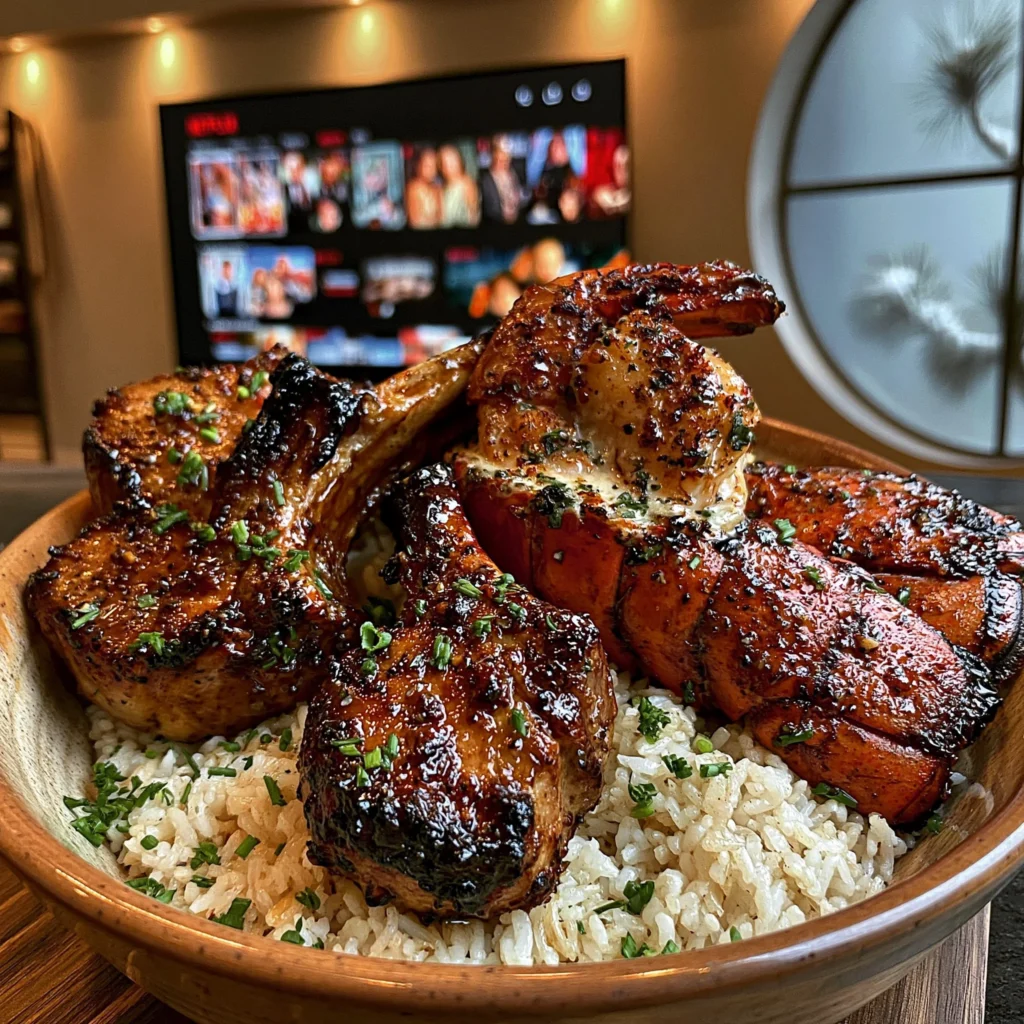 Honey Garlic Lamb Chops and Garlic Butter Lobster Tails over Jasmine Rice