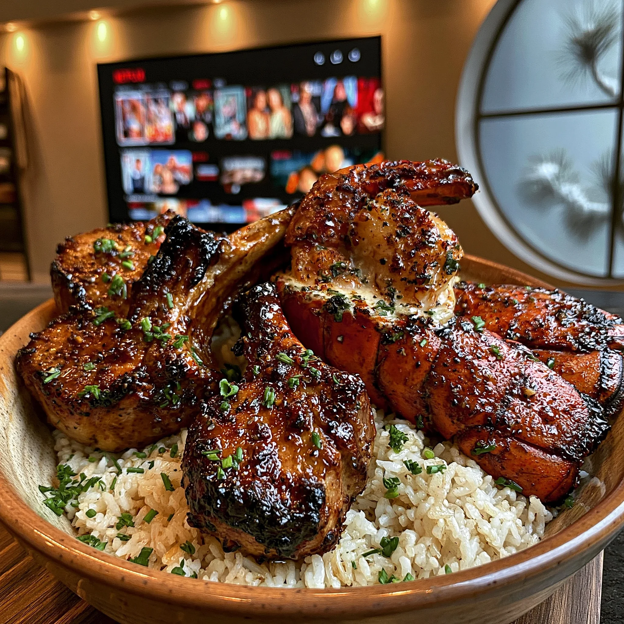 Honey Garlic Lamb Chops and Garlic Butter Lobster Tails over Jasmine Rice