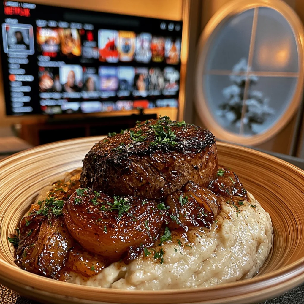 Honey-Tamarind Glazed Sweet Onion Braised Filet Mignon with a Rich Bone Broth Reduction