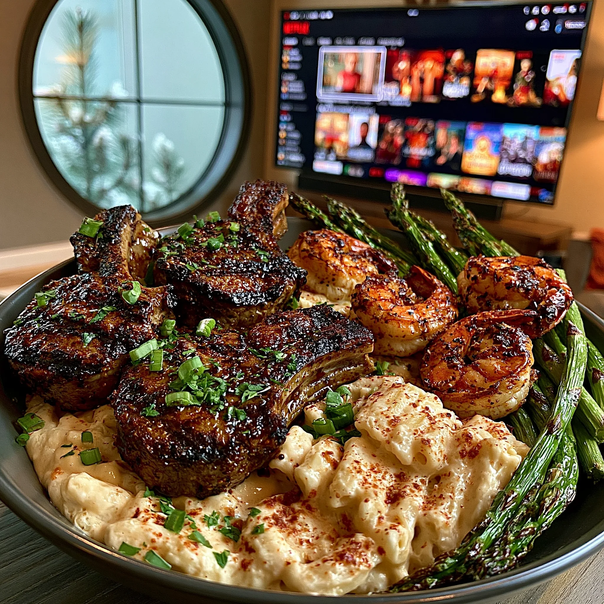Lamb Chops, Garlic Butter Lobster Macaroni and Cheese, and Roasted Asparagus
