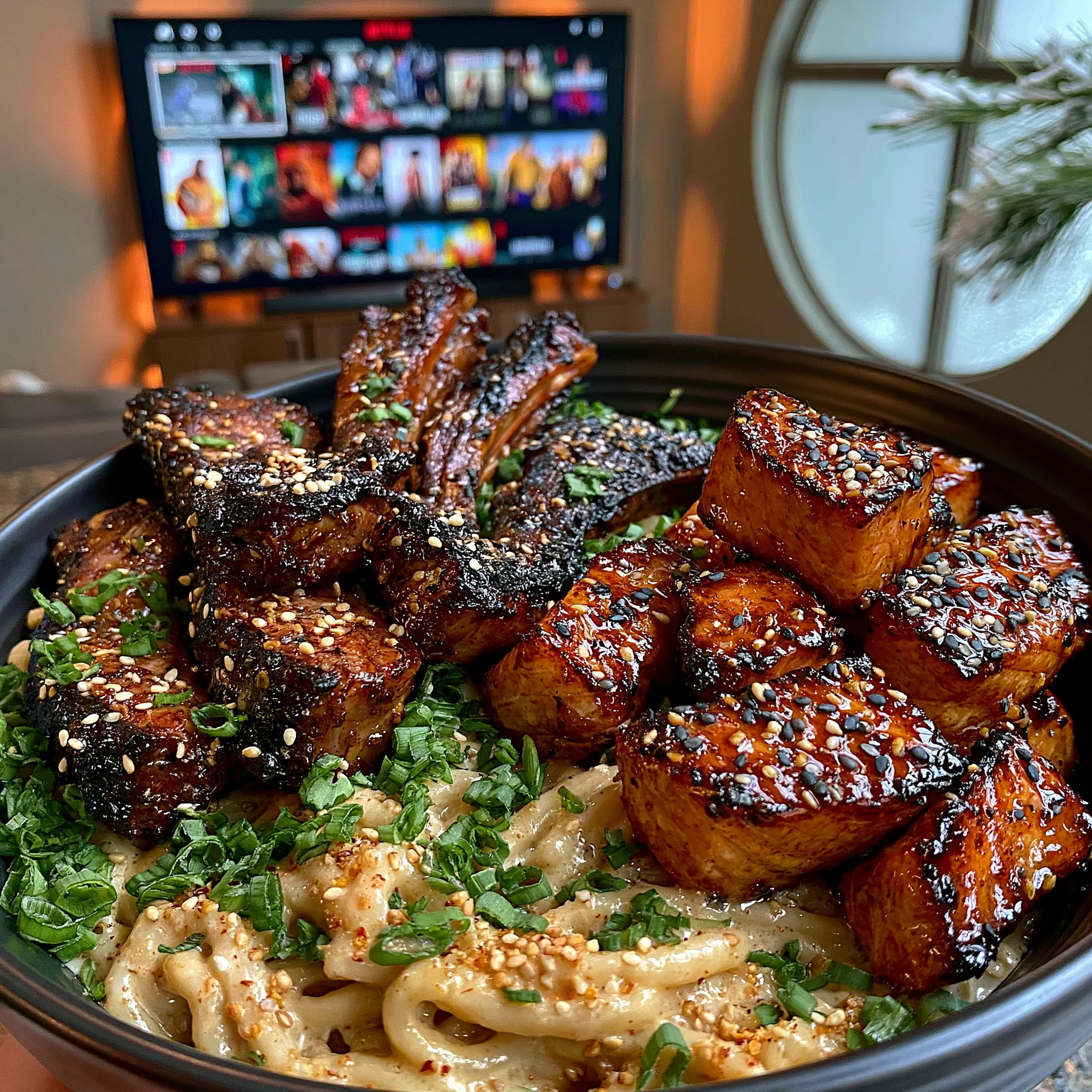 Lamb Chops, Hot Honey Salmon Bites, and Creamy Garlic Noodles