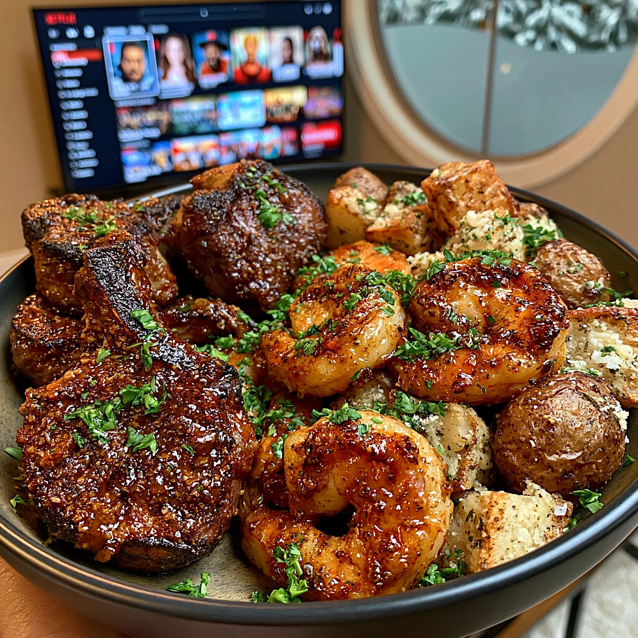 Lamb Chops, Hot Honey Shrimp, and Garlic Parmesan Roasted Potatoes