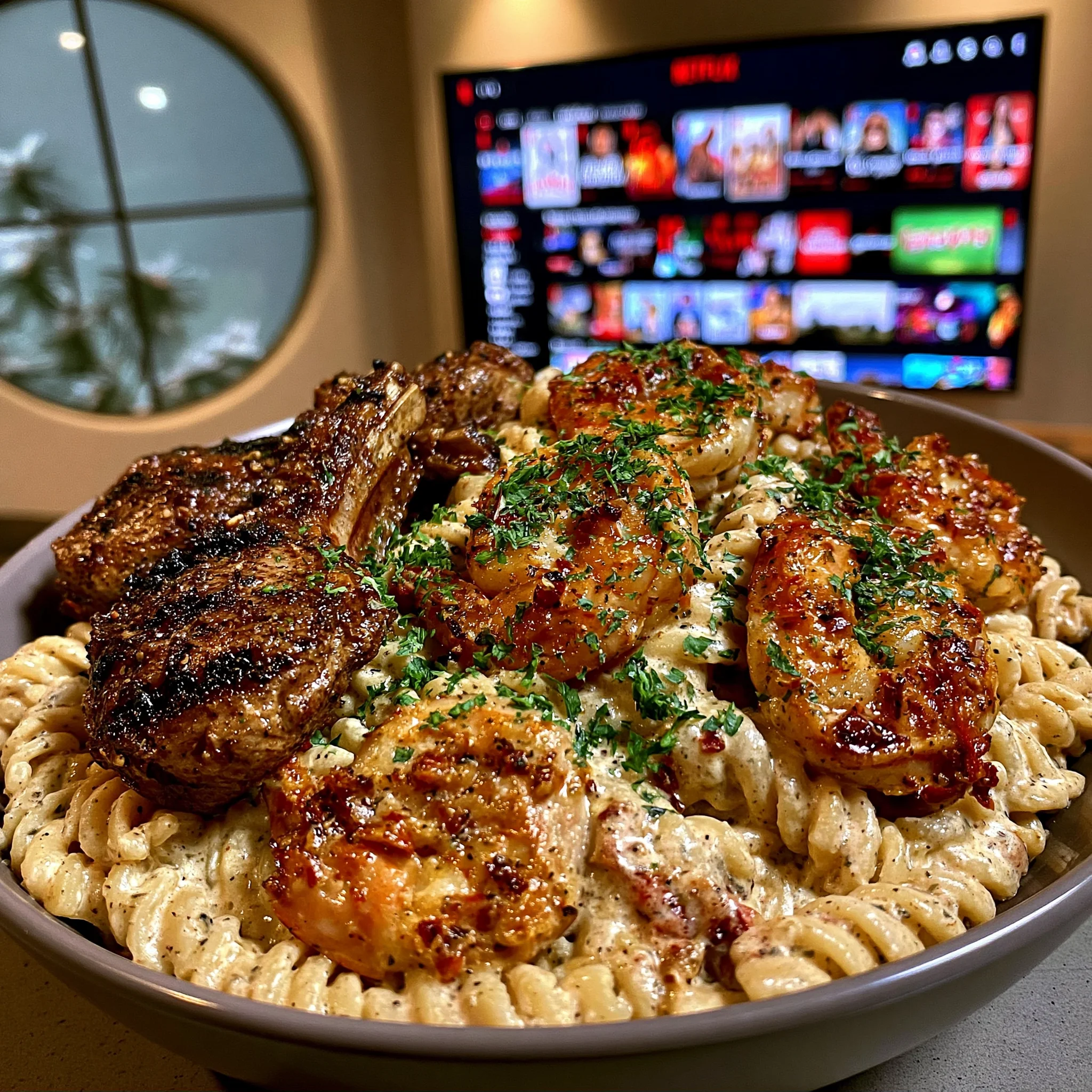 Lamb Chops, Lemon Butter Shrimp, and Creamy Sun-Dried Tomato Pasta