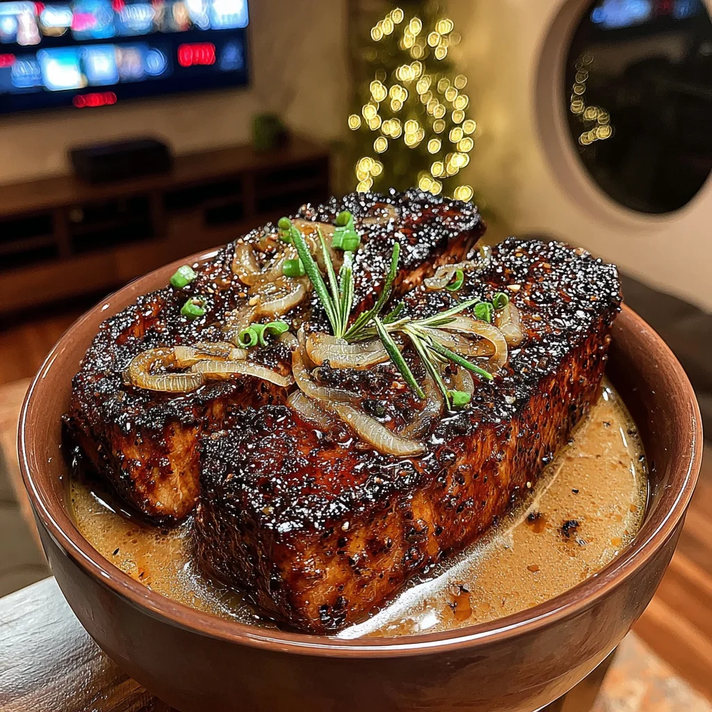 Pomegranate-Balsamic Glazed Onion and Rosemary Braised Strip Steak with a Rich Bone Broth Jus
