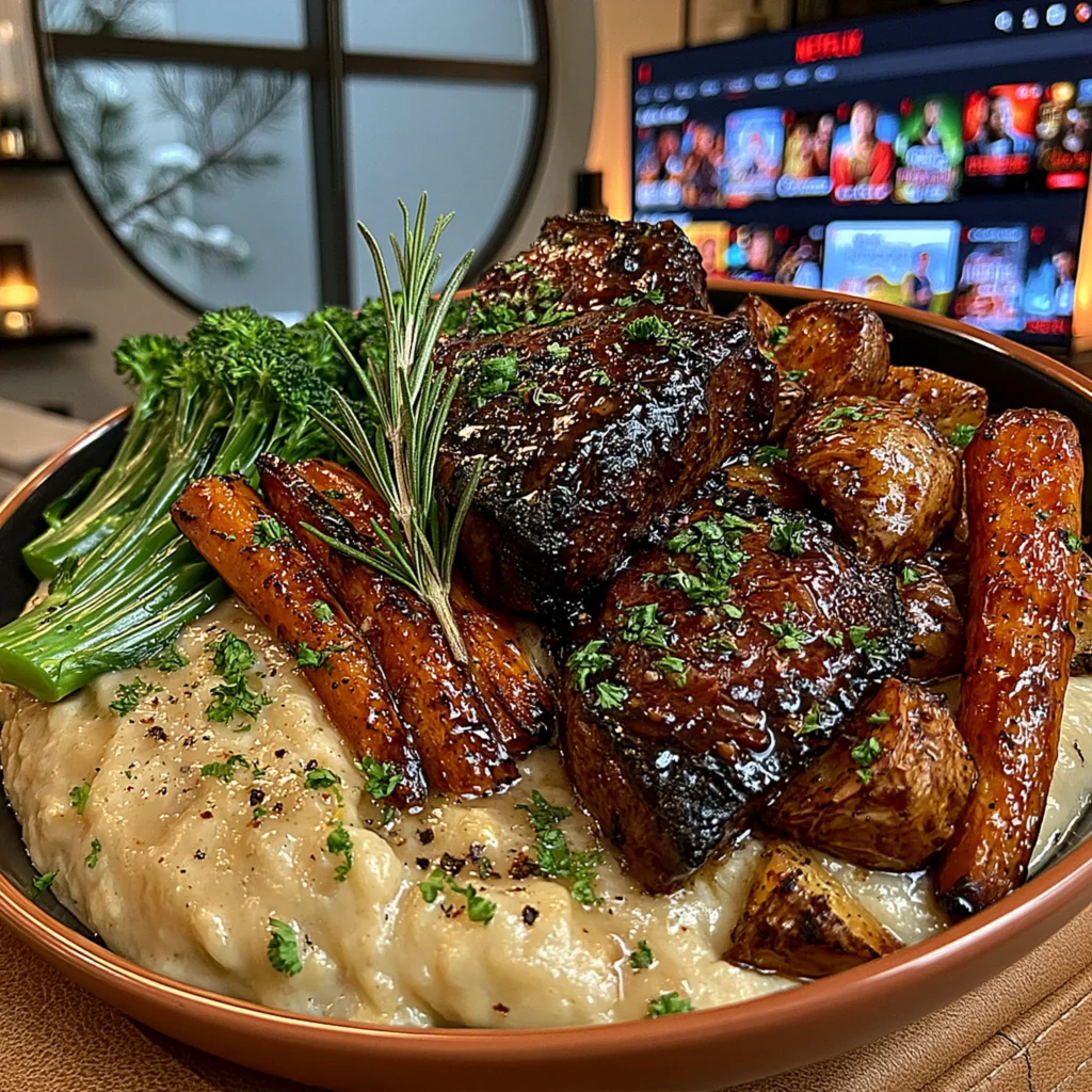 Pomegranate-Glazed Garlic and Rosemary Braised Ribeye with a Velvety Root Vegetable Gravy