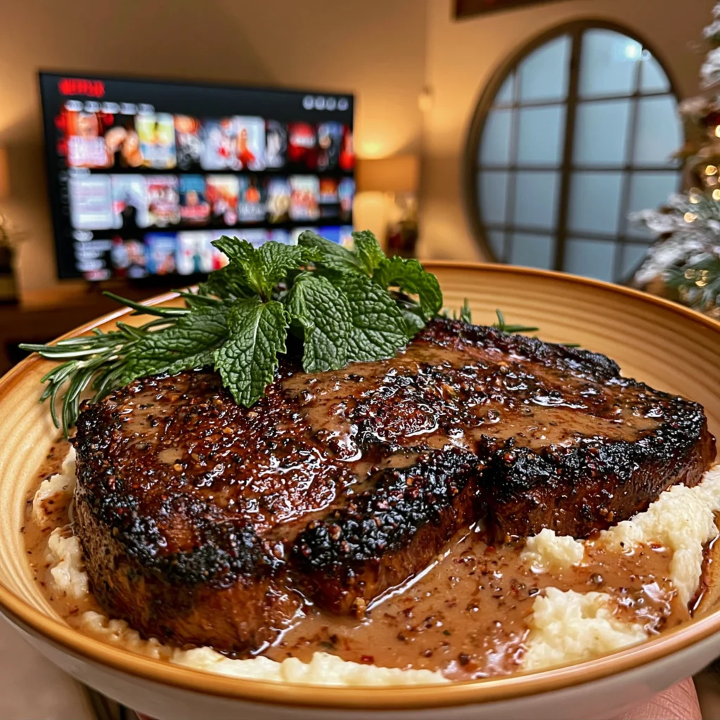 Pomegranate-Molasses Glazed Garlic and Mint-Crusted Ribeye with a Rich Bone Broth Gravy