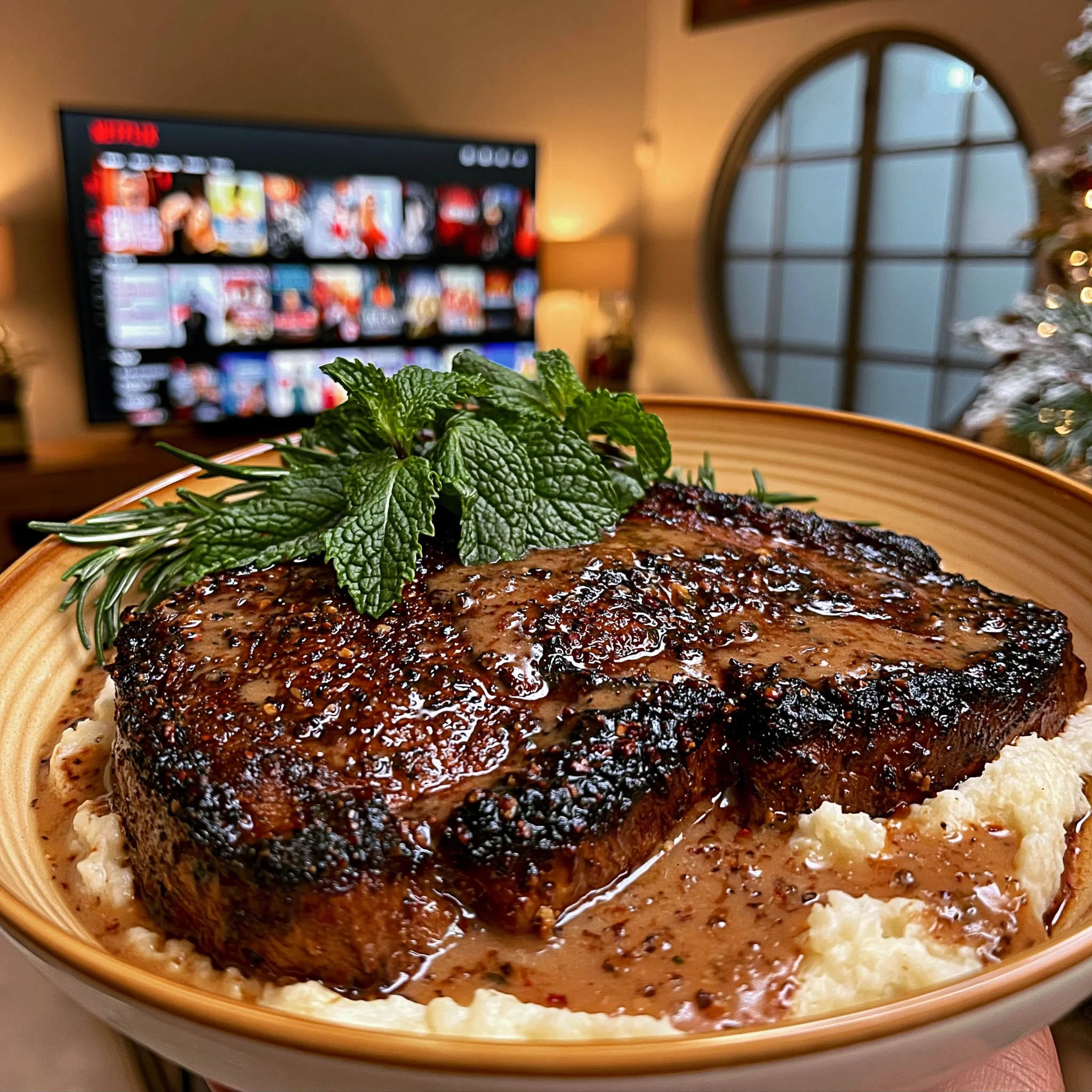 Pomegranate-Molasses Glazed Garlic and Mint-Crusted Ribeye with a Rich Bone Broth Gravy