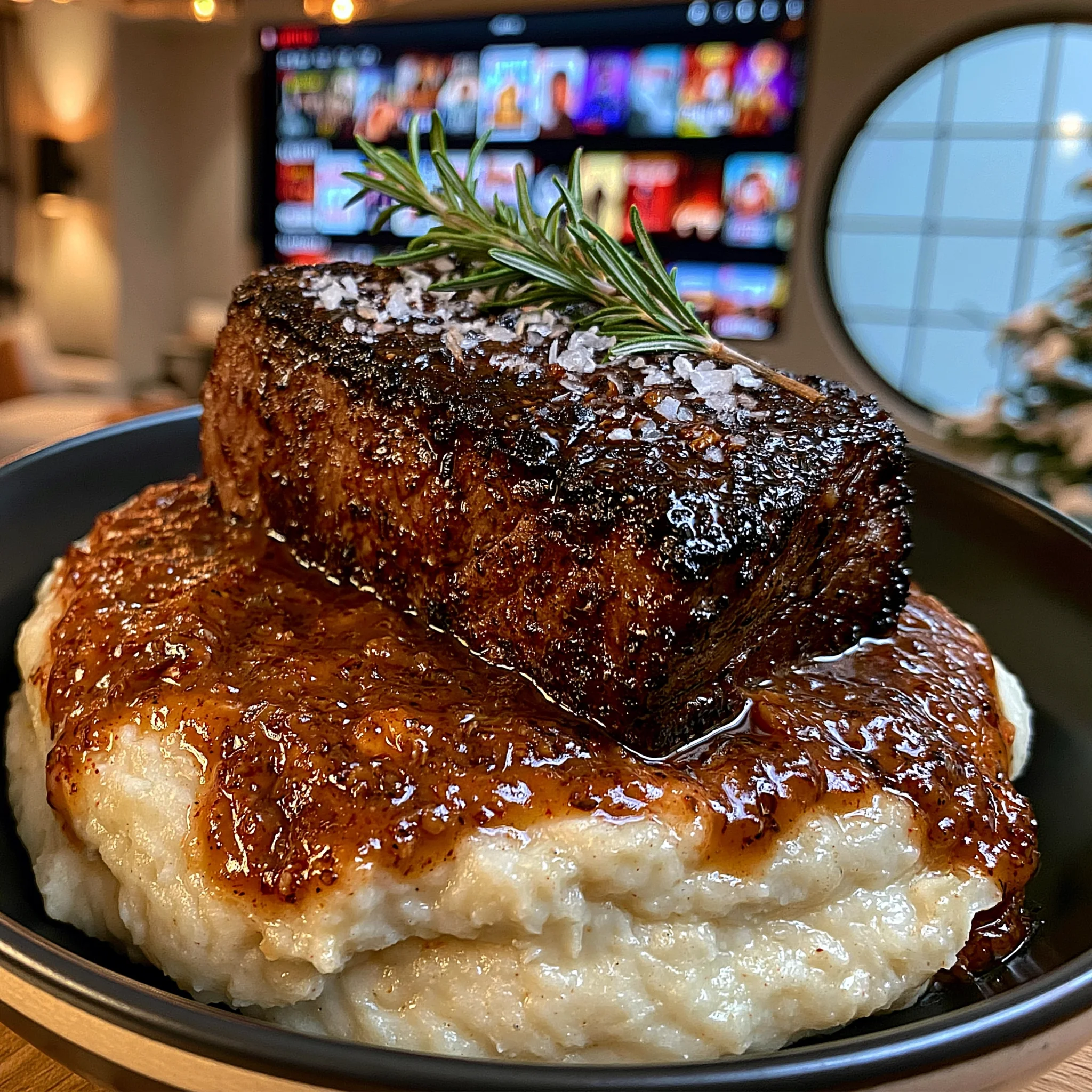 Pomegranate-Molasses Glazed Garlic and Rosemary Braised Strip Steak with a Velvety Root Vegetable Reduction