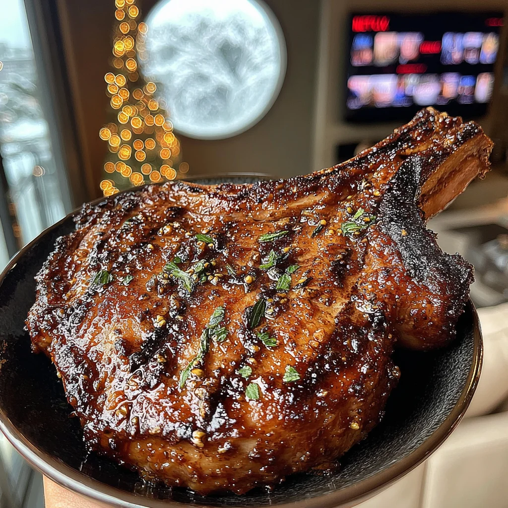 Pomegranate-Molasses and Toasted Cumin-Glazed Tomahawk with a Mint and Pistachio Compound Butter