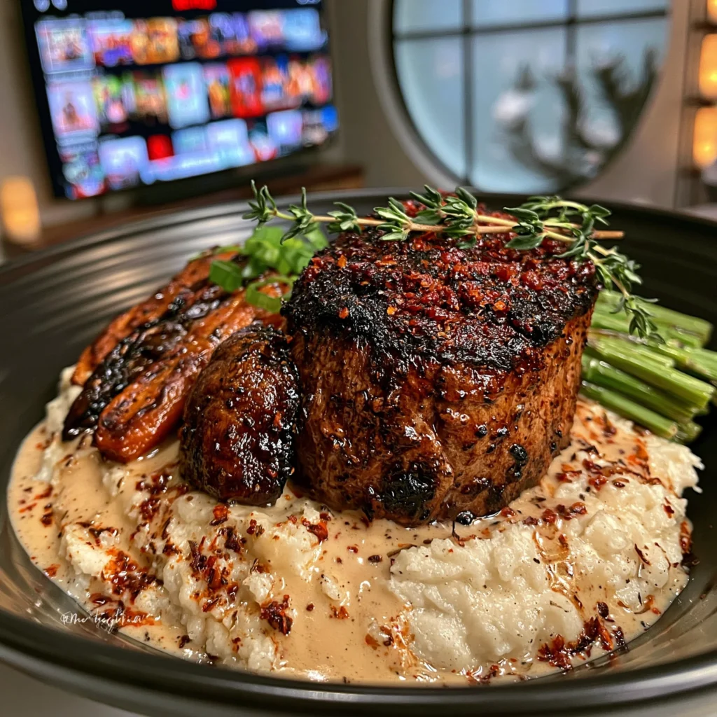 Porcini Mushroom and Thyme-Crusted Filet Mignon with a Brown Butter Bone Marrow Reduction