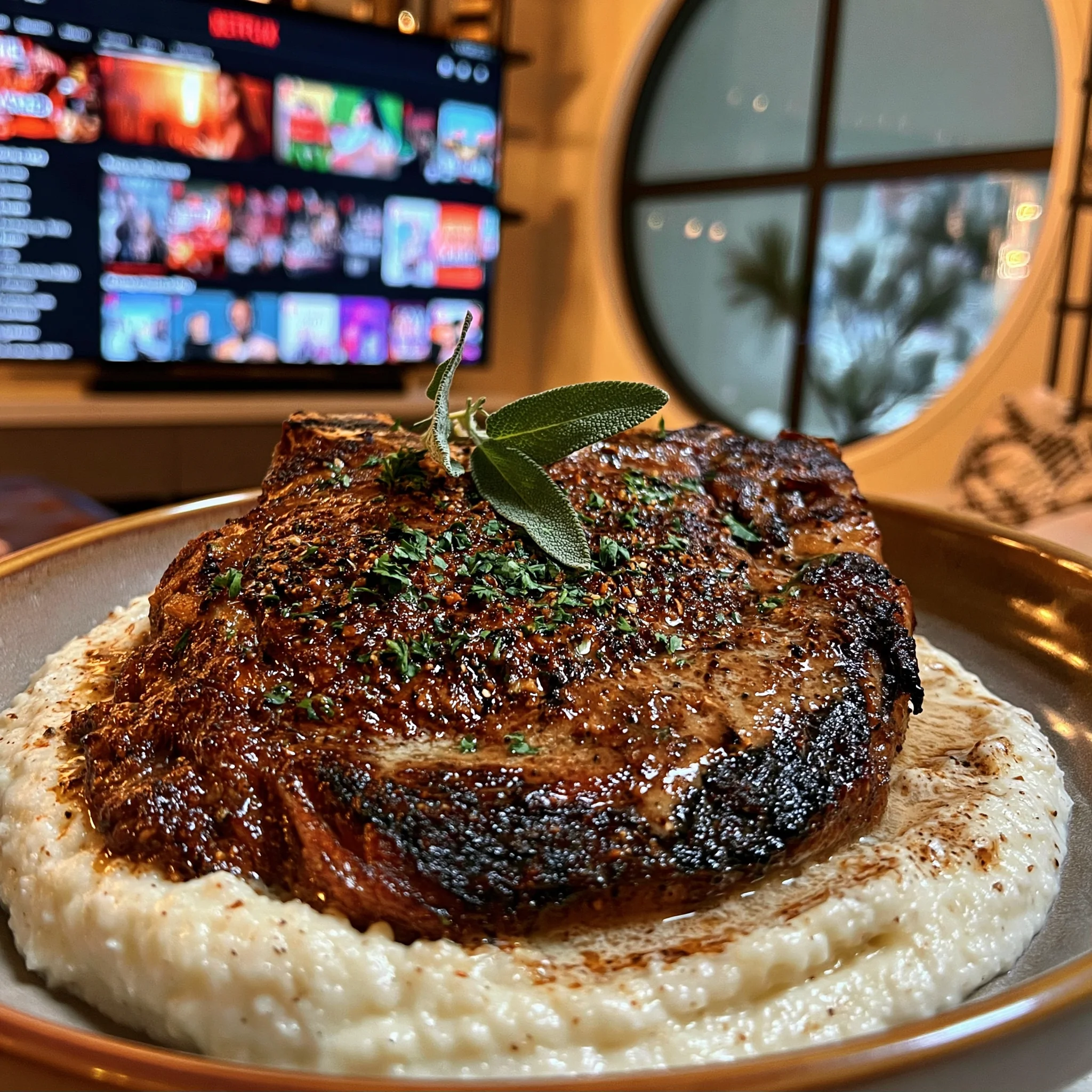 Port-Reduction Braised Leek and Sage-Studded Ribeye with a Smooth Rutabaga & Brown Butter Purée