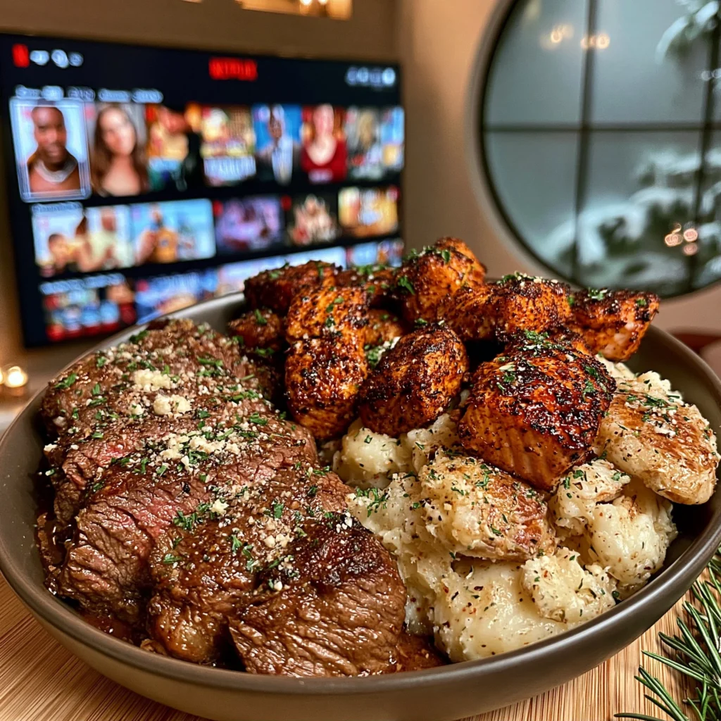 Ribeye Steak, Blackened Salmon Bites, and Garlic Parmesan Smashed Potatoes