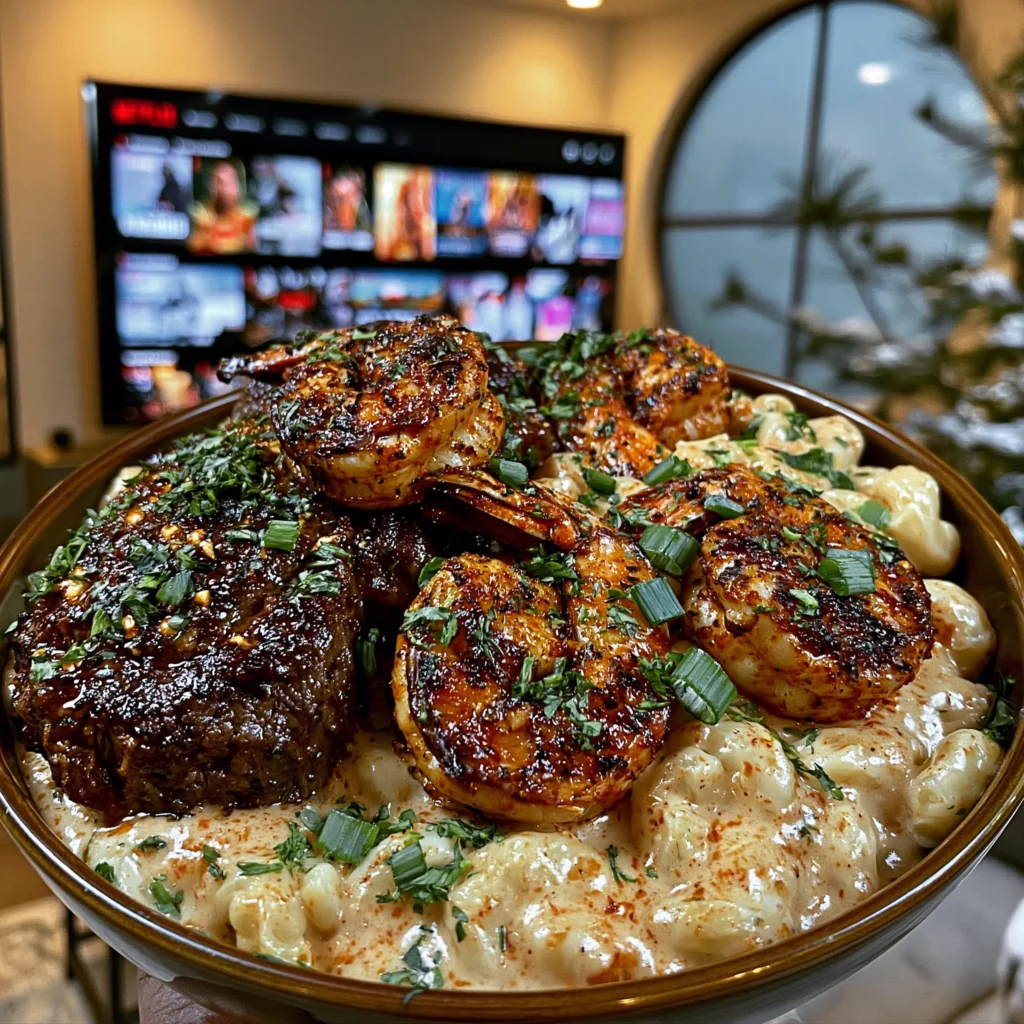 Ribeye Steak, Blackened Shrimp, and Gouda Macaroni and Cheese