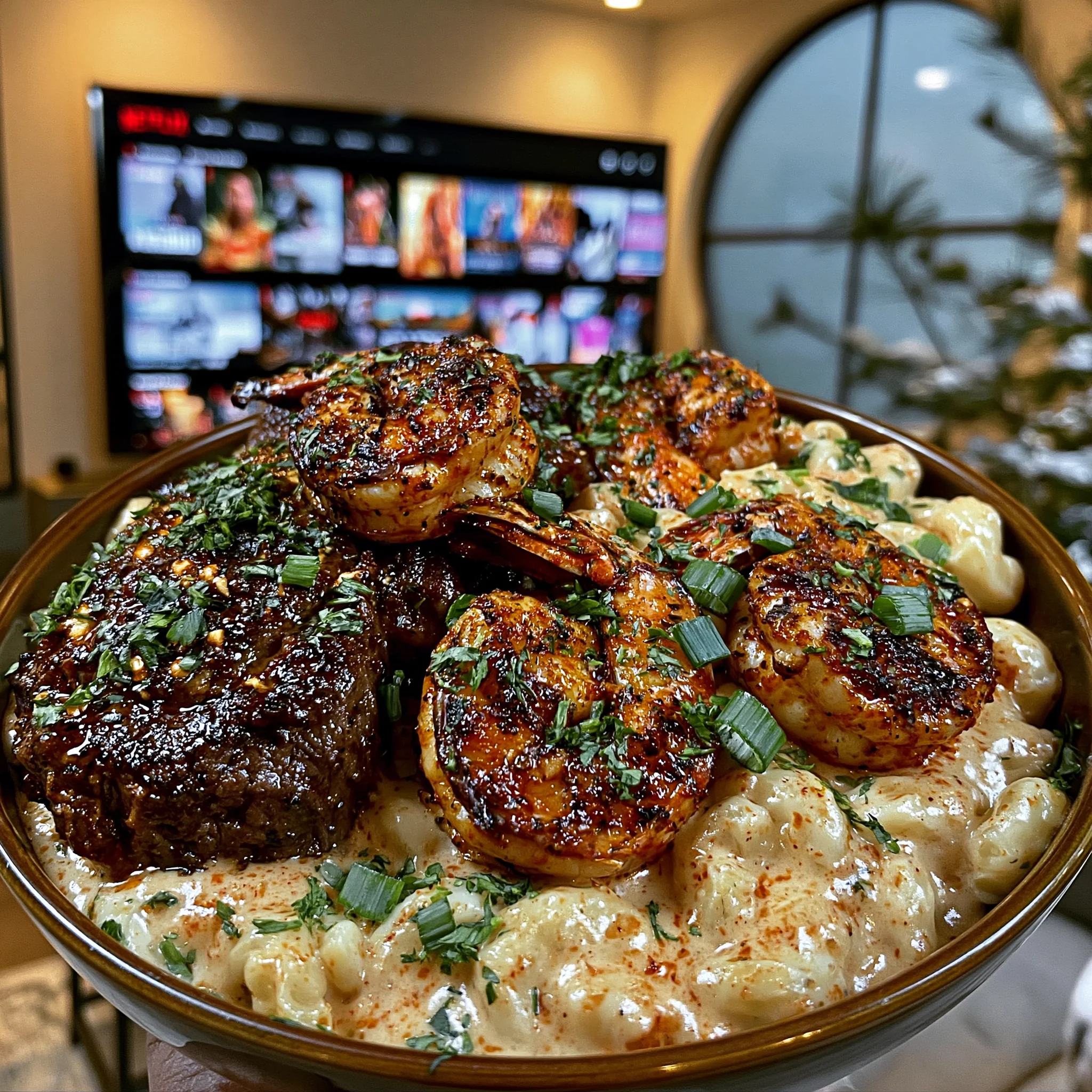 Ribeye Steak, Blackened Shrimp, and Gouda Macaroni and Cheese