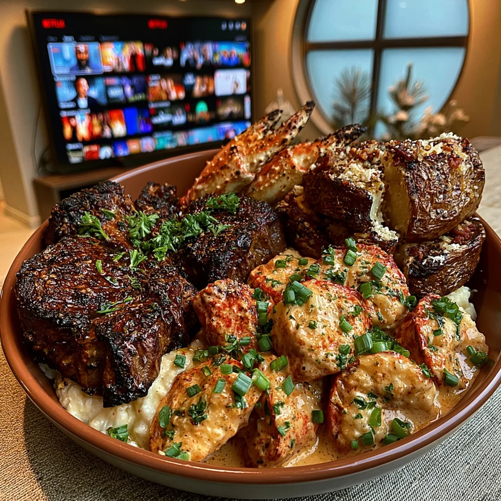 Ribeye Steak, Creamy Garlic Butter Crab Legs, and Loaded Smashed Potatoes
