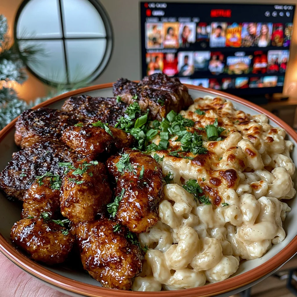 Ribeye Steak, Hot Honey Chicken Tender Bites, and White Cheddar Macaroni and Cheese