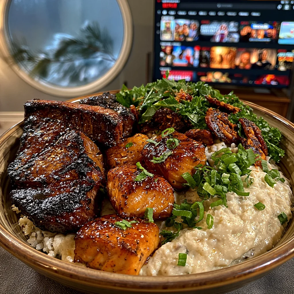 Ribeye Steak, Hot Honey Salmon Bites, and Creamy Spinach Rice