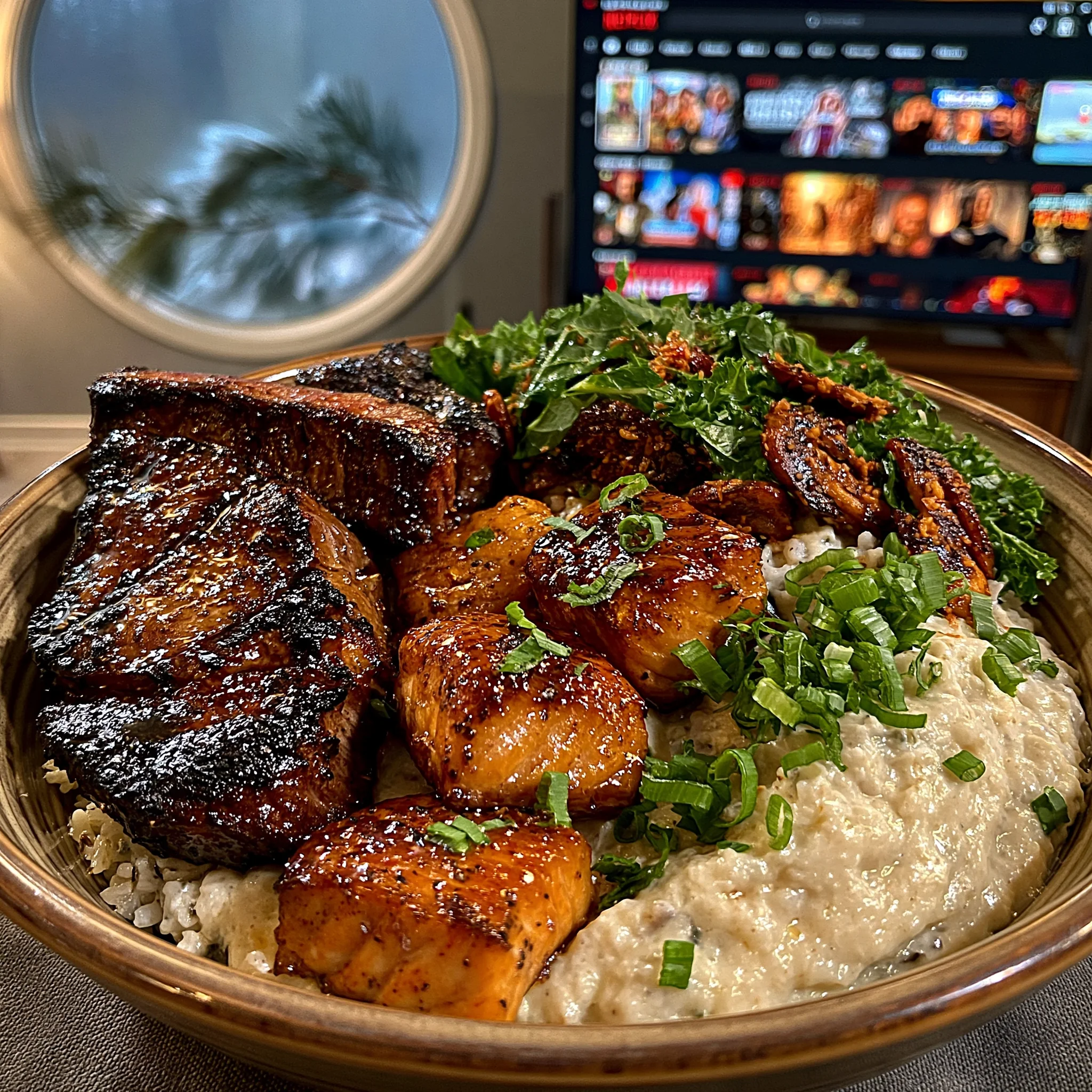 Ribeye Steak, Hot Honey Salmon Bites, and Creamy Spinach Rice