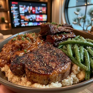 Ribeye Steak, Shredded BBQ Short Ribs, and Southern-Style Green Beans