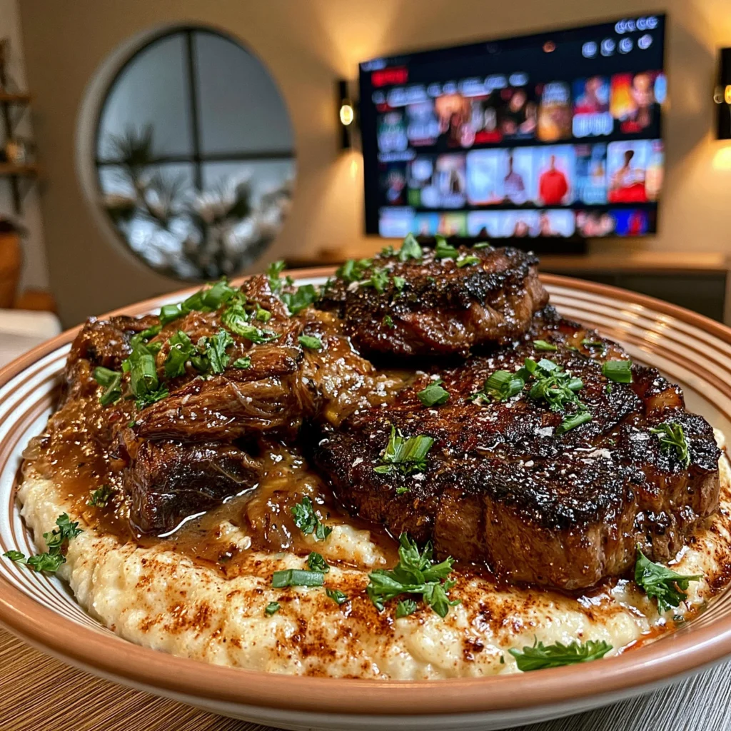 Ribeye Steak, Shredded Short Ribs, and Creamy Garlic Parmesan Grits