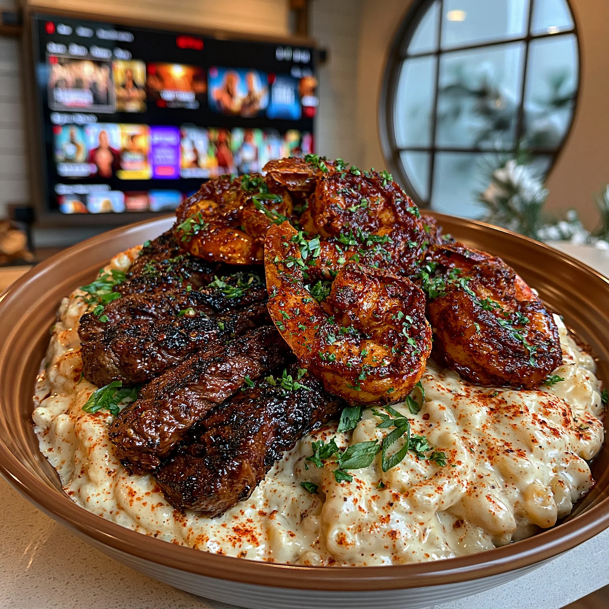 Ribeye Steak and Cajun Fried Shrimp over White Cheddar Macaroni and Cheese