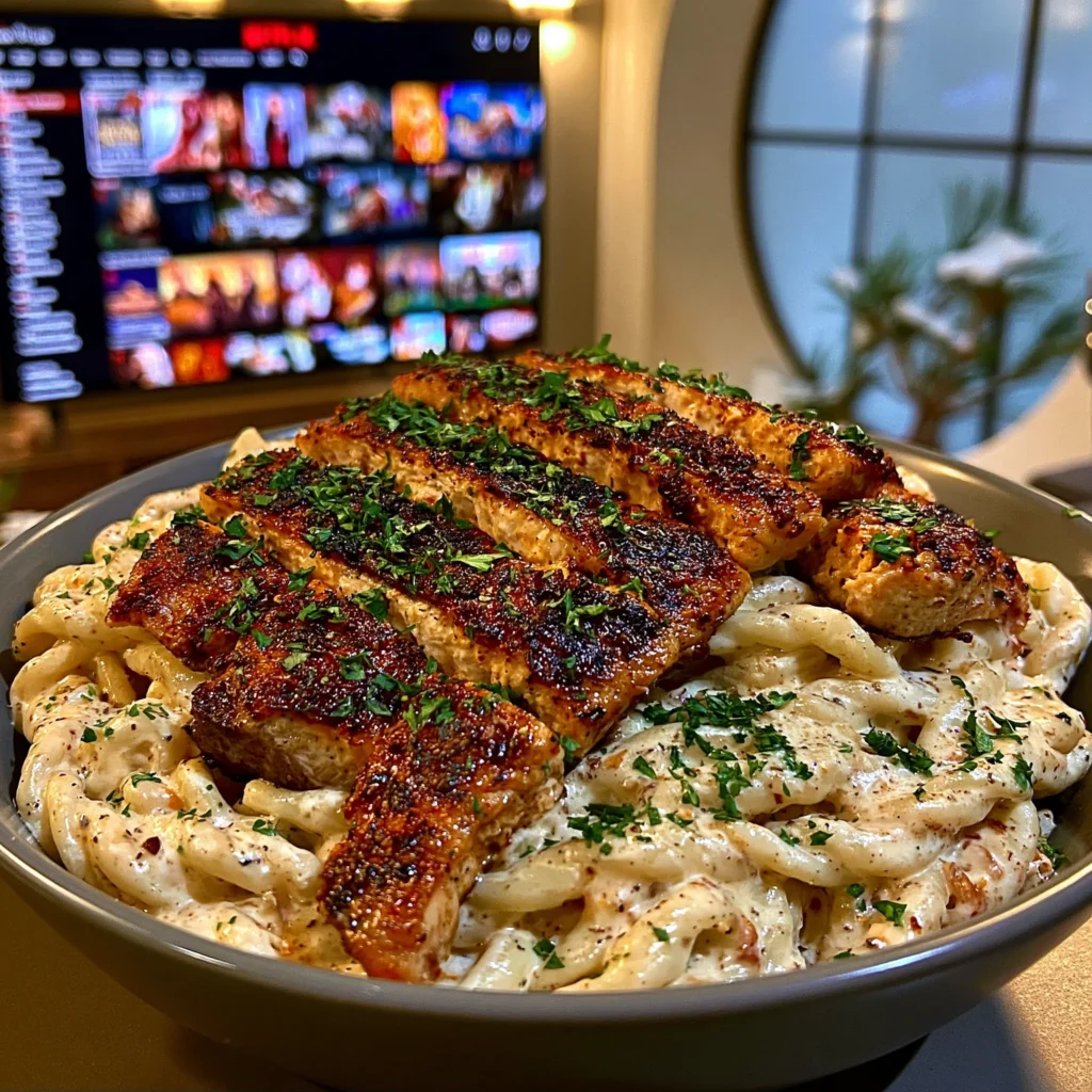 Ribeye Steak and Cajun Salmon and Crab Pasta
