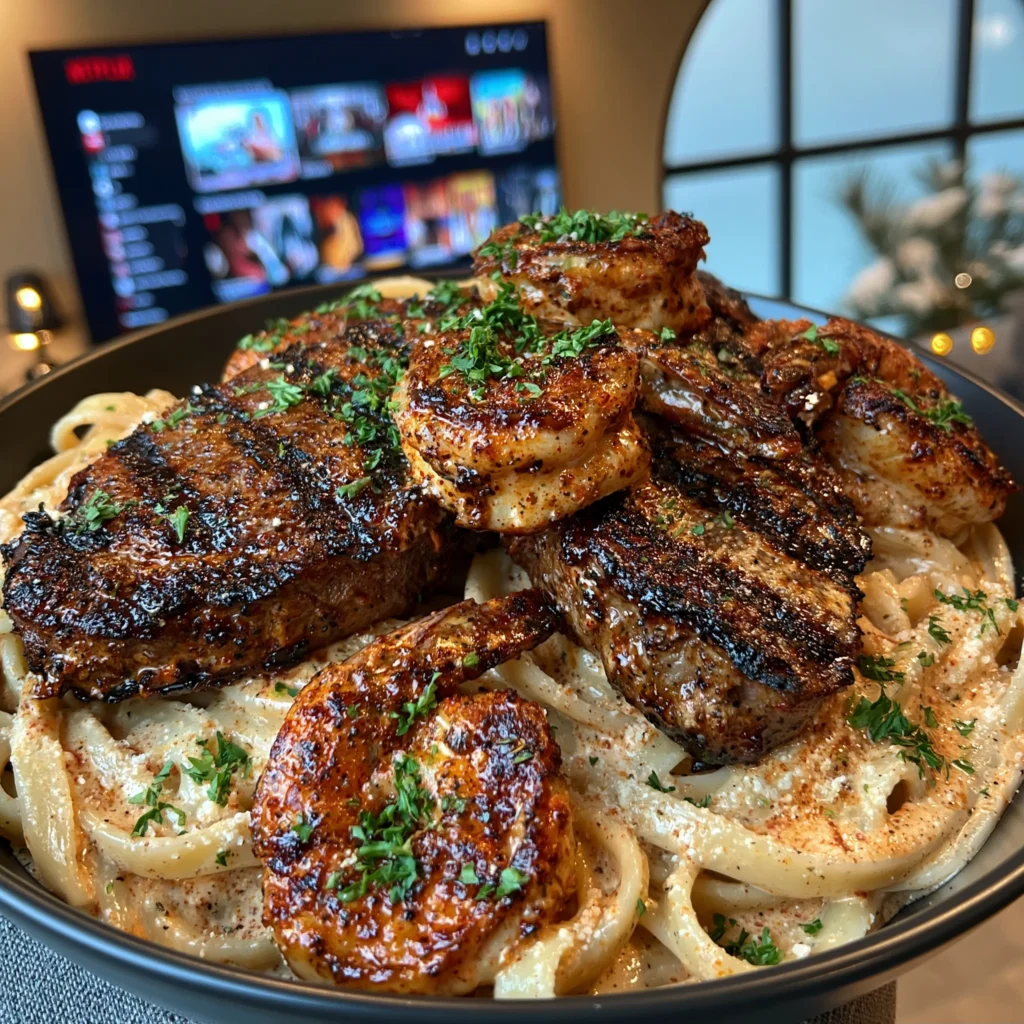 Ribeye Steak and Creamy Cajun Shrimp and Lobster Fettuccine