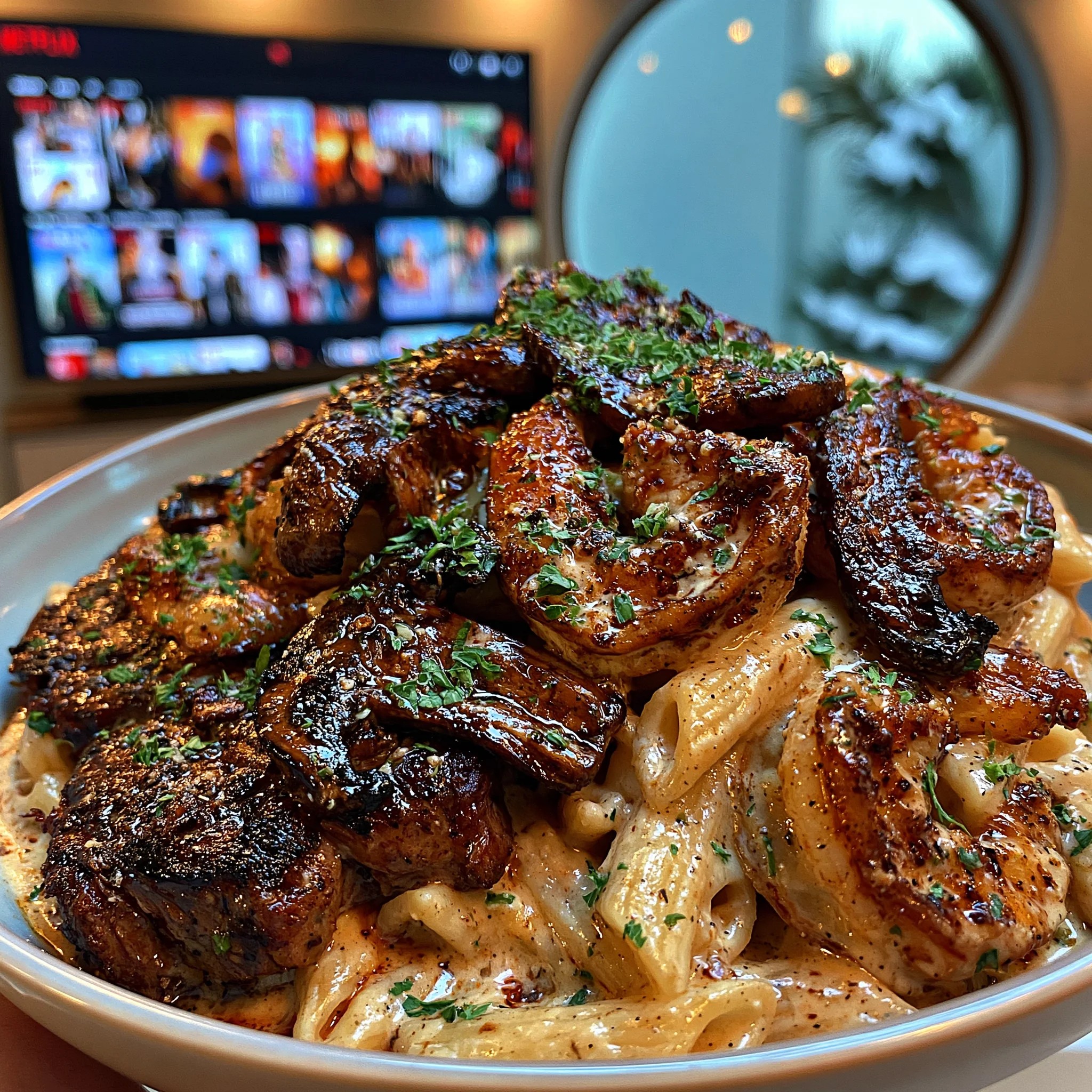 Ribeye Steak and Creamy Mushroom and Shrimp Alfredo over Penne Pasta