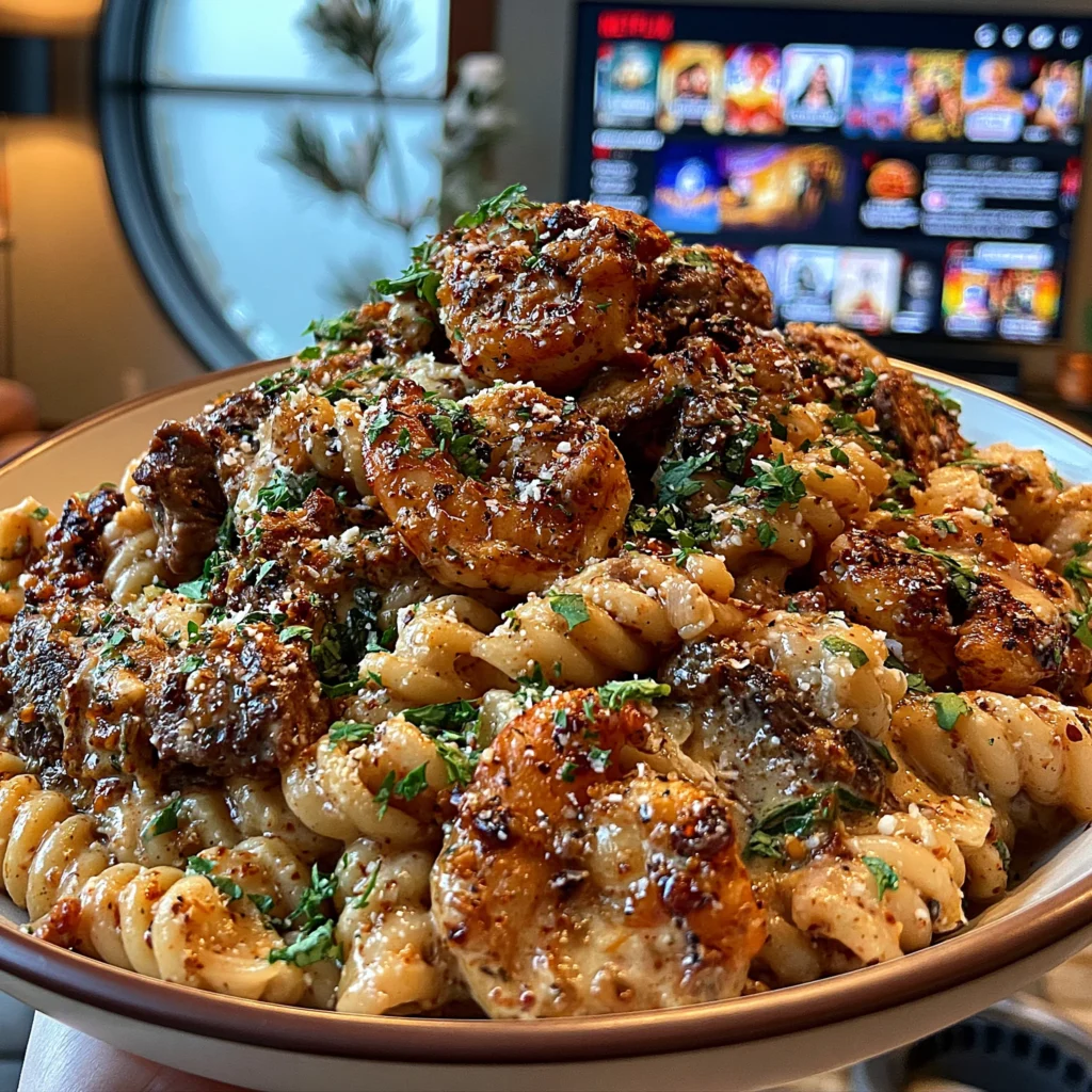Ribeye Steak and Creamy Spinach Artichoke Shrimp Pasta