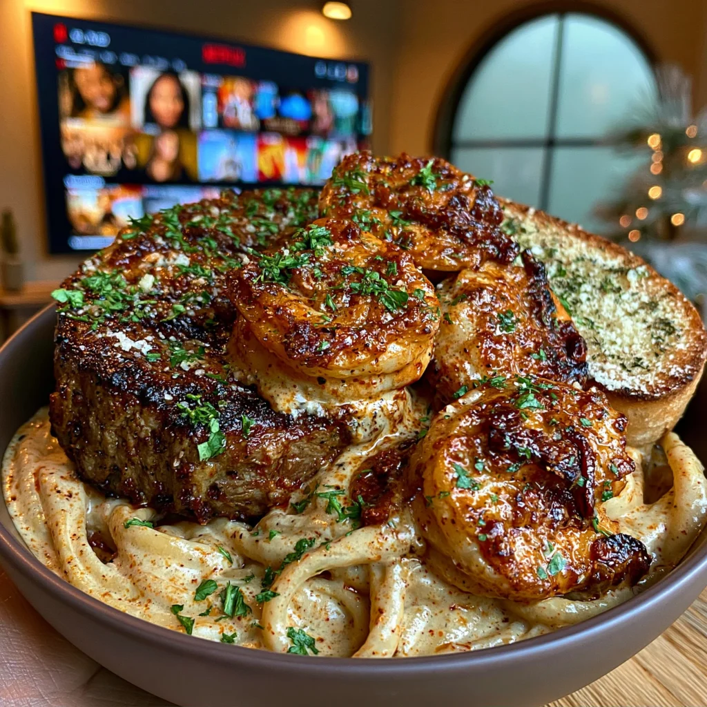 Ribeye Steak and Creamy Sun-Dried Tomato Shrimp Pasta with Garlic Bread