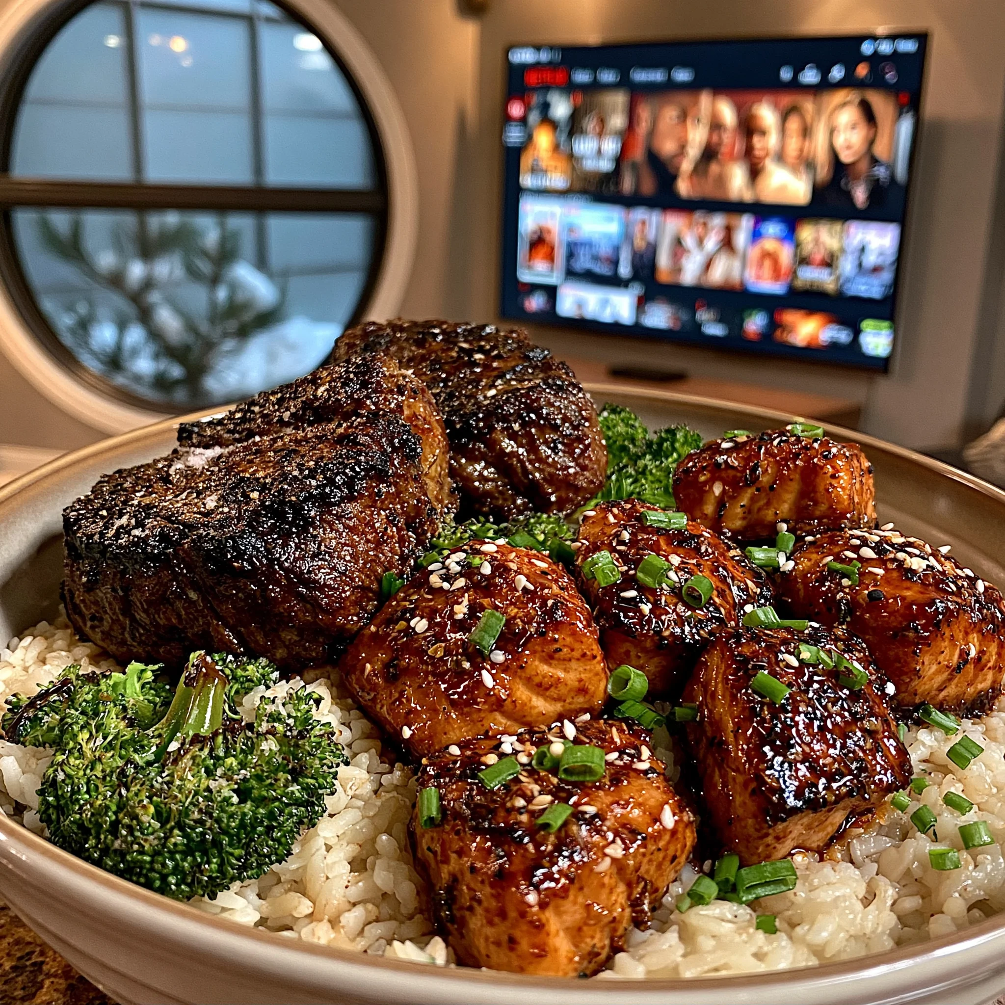 Ribeye Steak and Sweet Chili Salmon Bites over Jasmine Rice