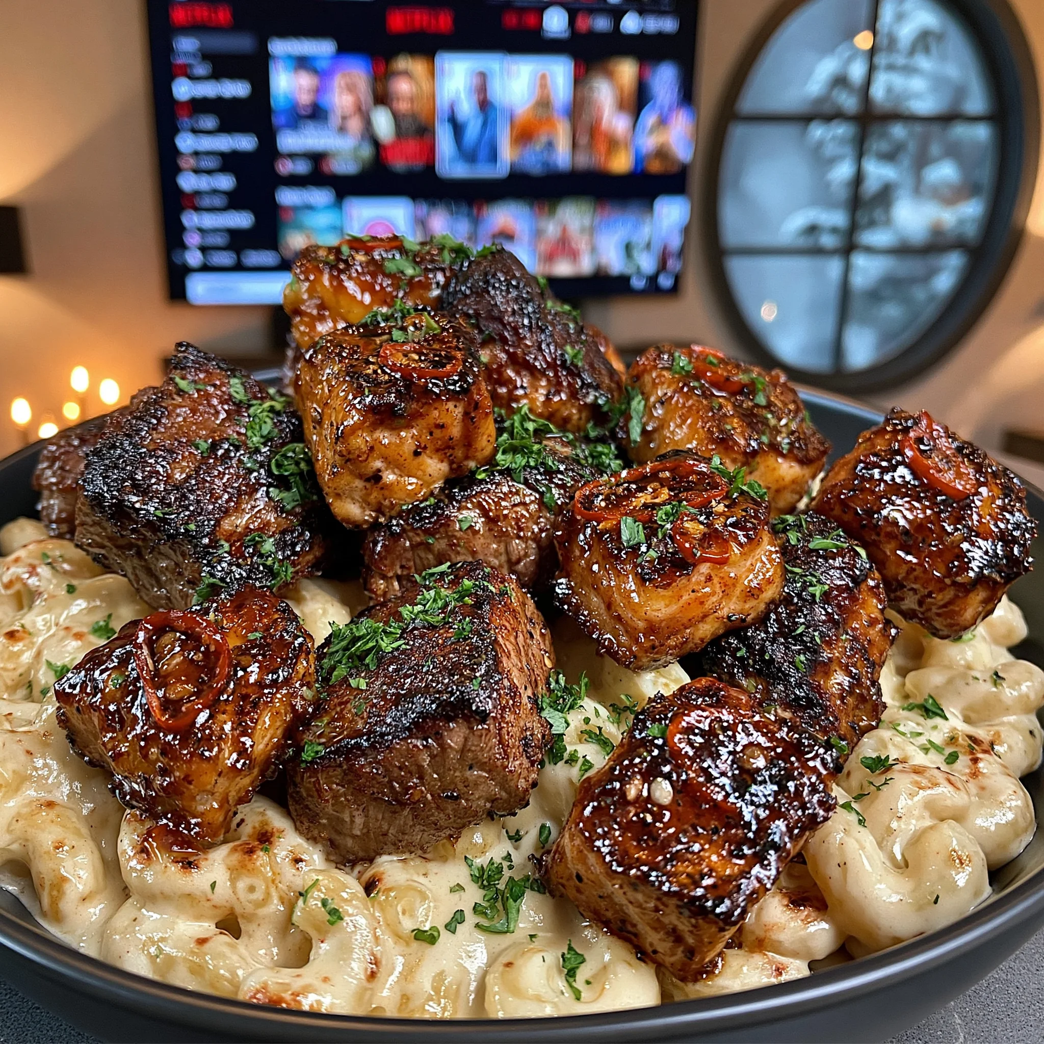 Ribeye Steak and Sweet Chili Salmon Bites over White Cheddar Macaroni and Cheese
