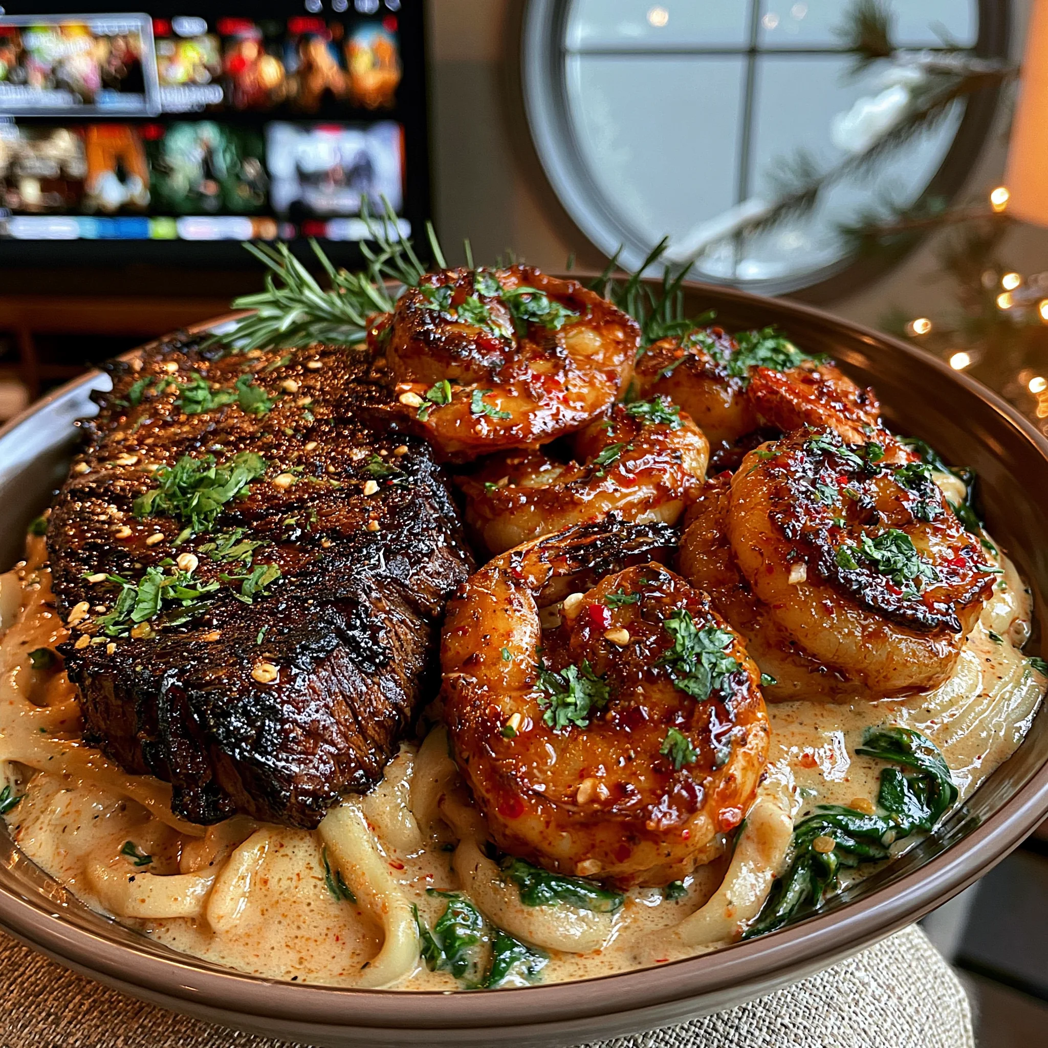 Ribeye Steak and Sweet Chili Shrimp over Creamy Spinach Noodles