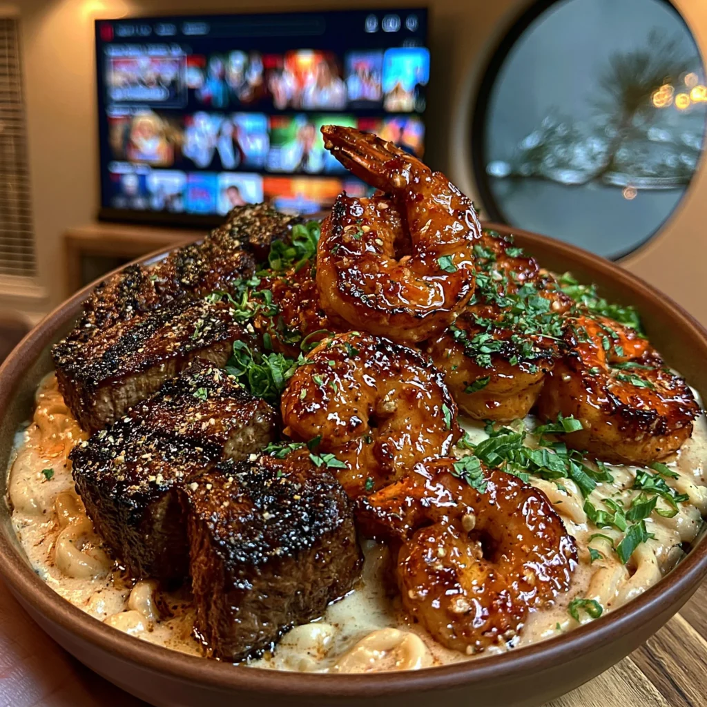 Ribeye Steak and Sweet Chili Shrimp over Creamy White Cheddar Noodles