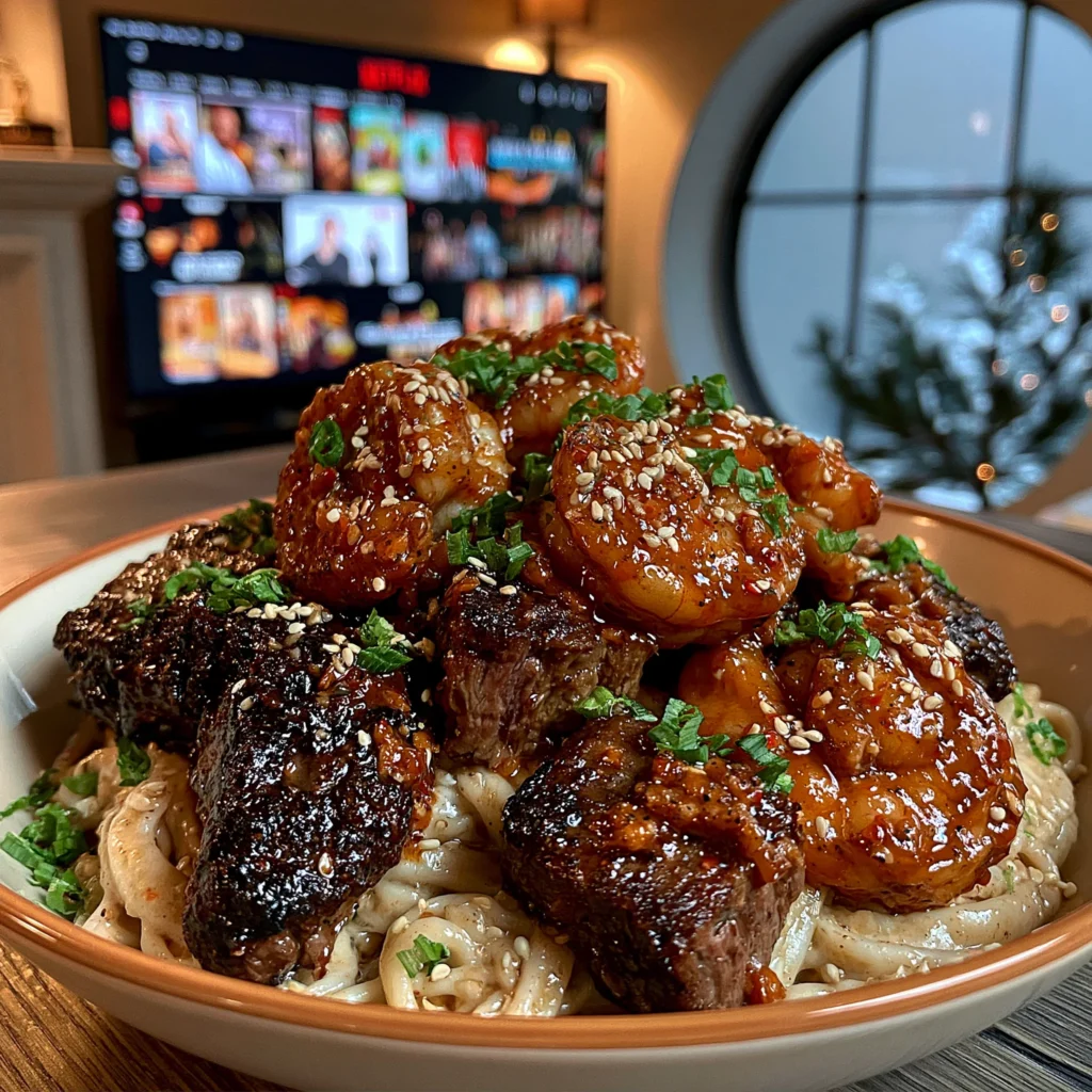 Ribeye Steak and Sweet Chili Shrimp over Sesame Garlic Noodles