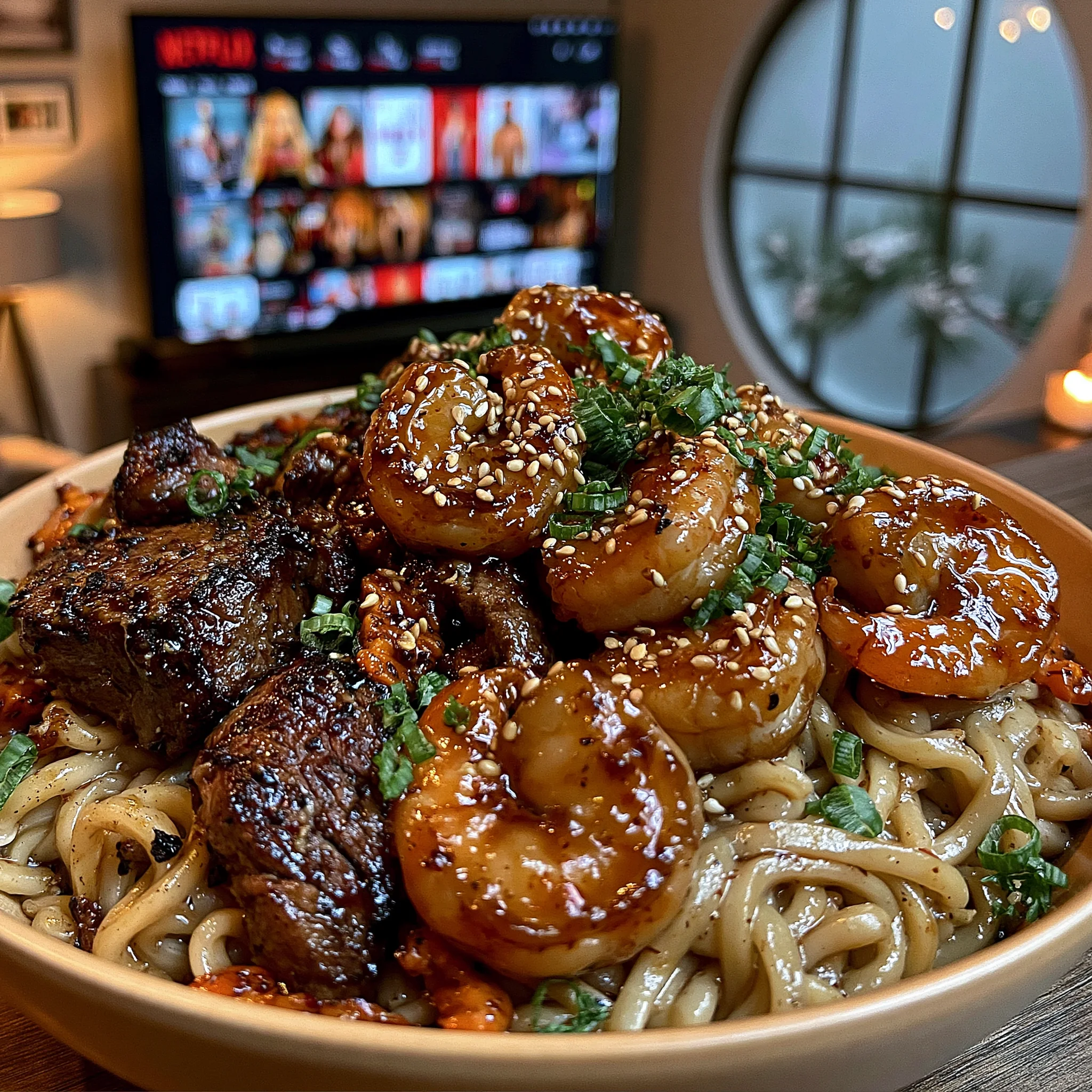 Ribeye Steak and Teriyaki Shrimp Hibachi Noodles