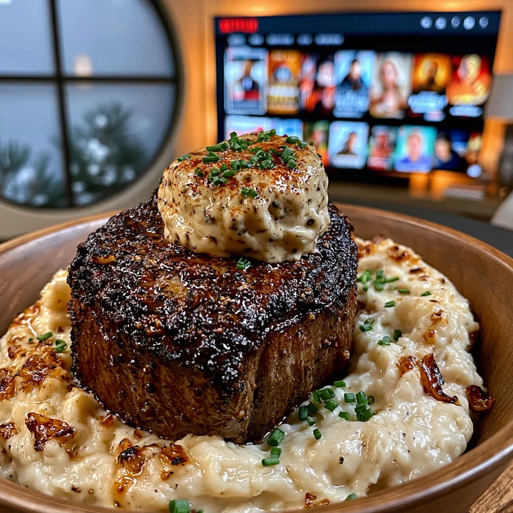 Roasted Garlic and Black Peppercorn-Crusted Filet Mignon with a Truffle Chive Butter
