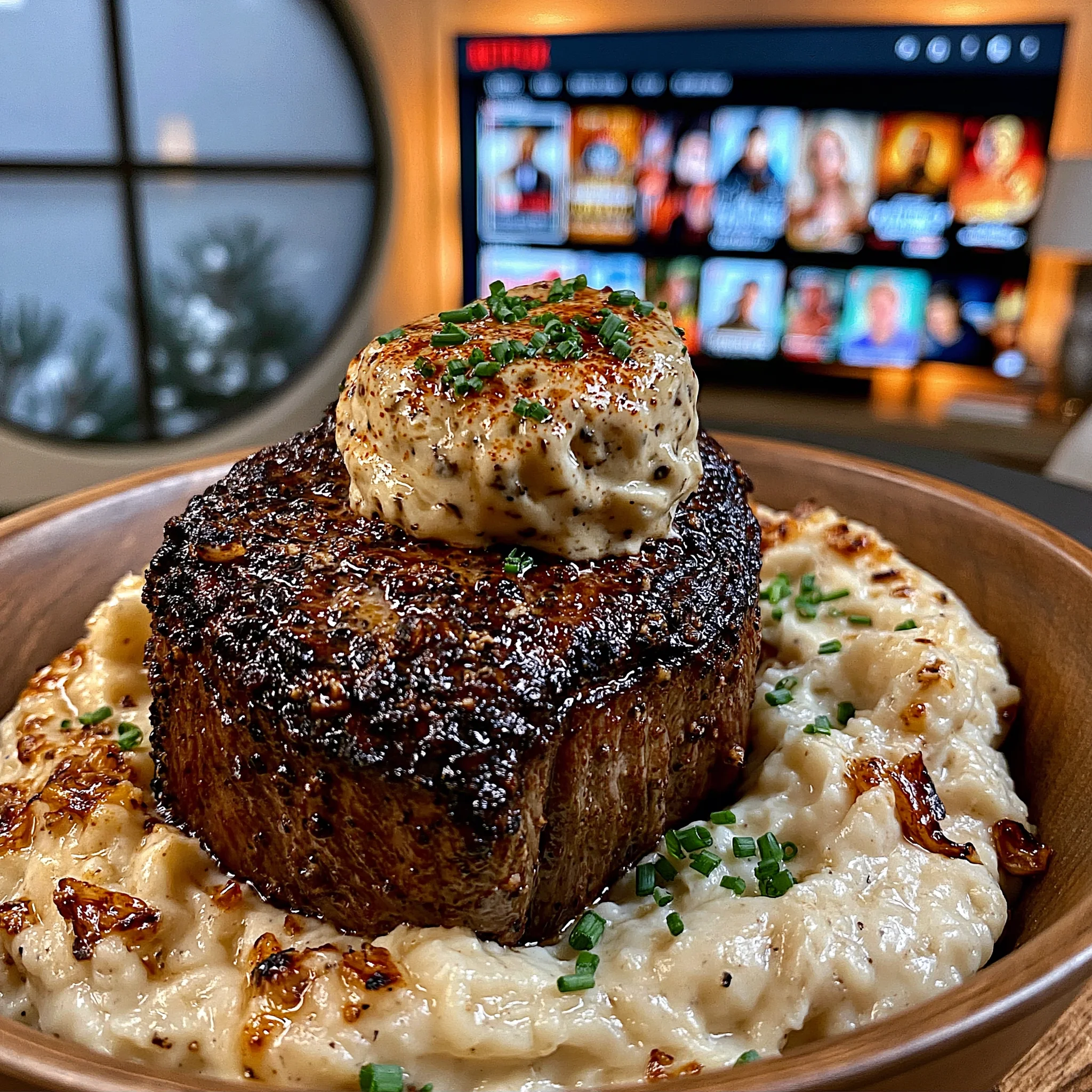 Roasted Garlic and Black Peppercorn-Crusted Filet Mignon with a Truffle Chive Butter
