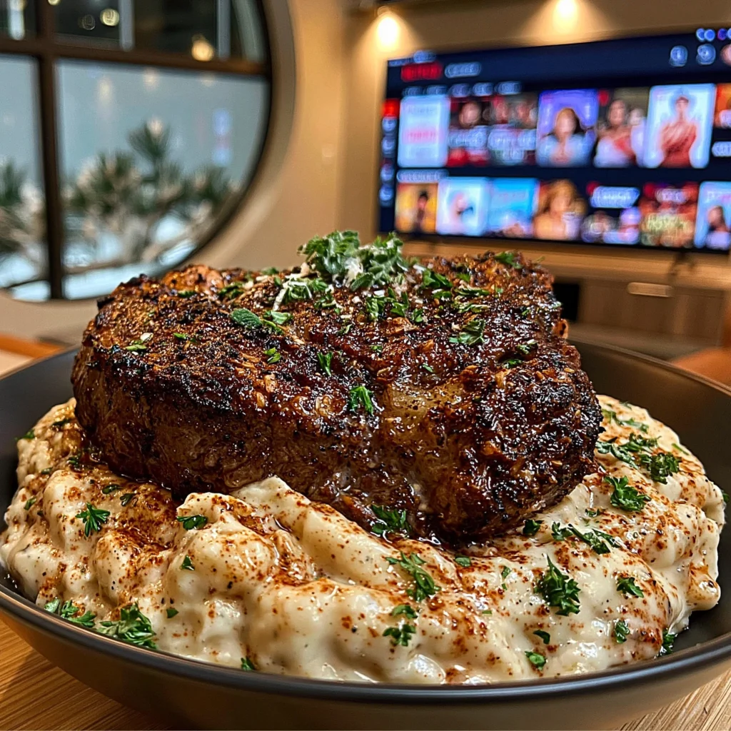 Roasted Garlic and Black Truffle-Crusted Ribeye with a Crispy Sage Butter