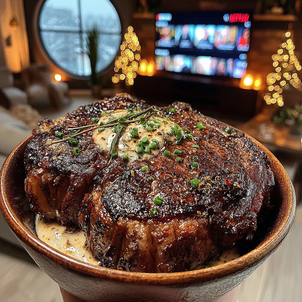 Roasted Garlic and Fennel-Crusted Ribeye with a Charred Lemon and Chive Butter