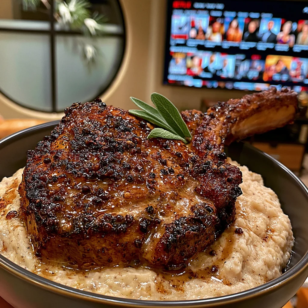 Roasted Leek and Pink Peppercorn-Crusted Tomahawk with a Brown Butter Sage Reduction