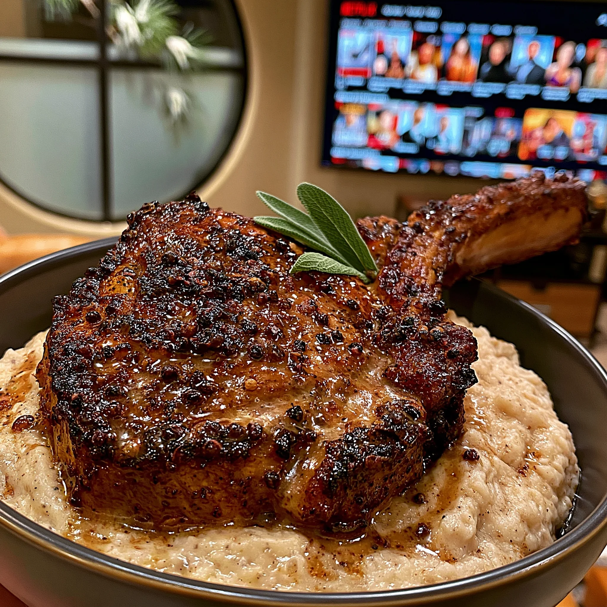 Roasted Leek and Pink Peppercorn-Crusted Tomahawk with a Brown Butter Sage Reduction