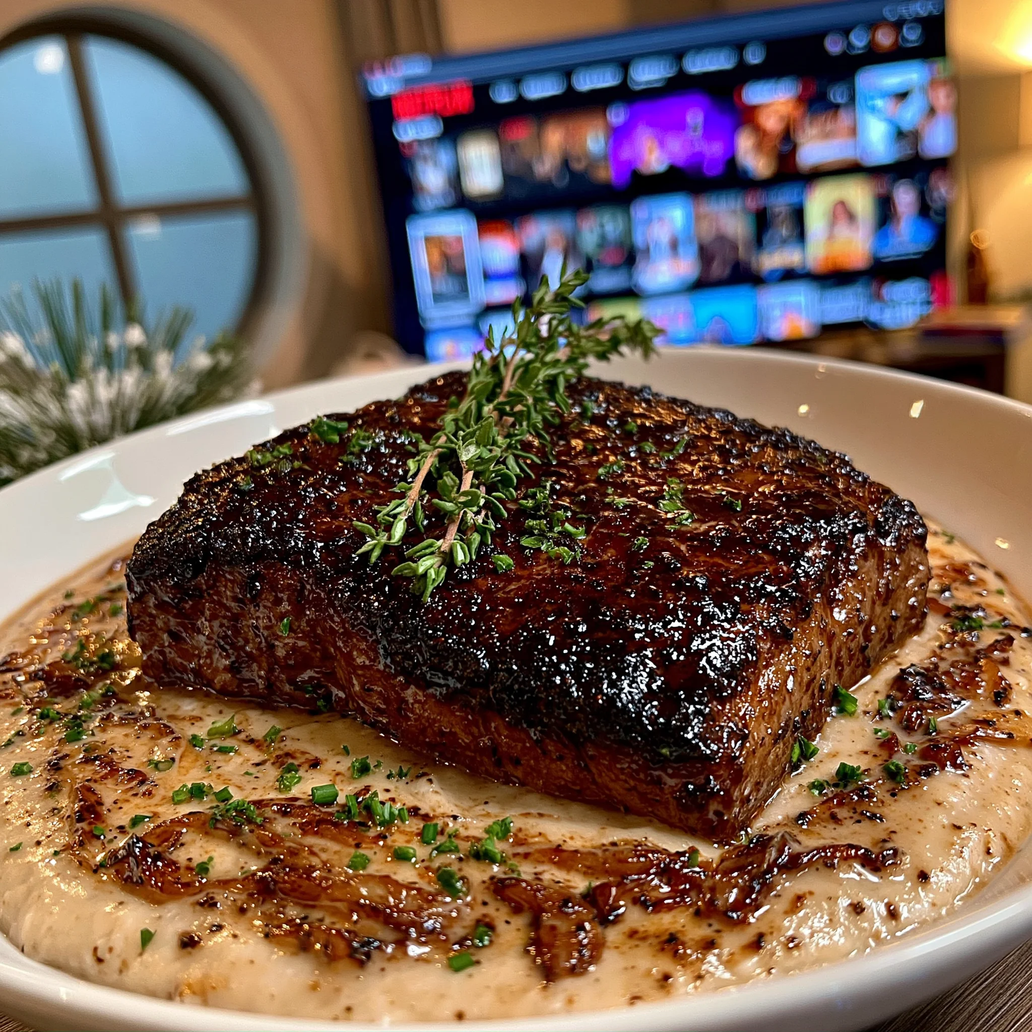 Sherry-Braised Shallot and Thyme-Crusted Flat Iron with a Velvety Turnip & Horseradish Reduction