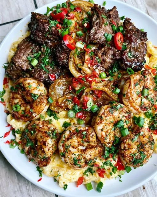 Shredded Beef Short Ribs and Cajun Shrimp over Creamy Macaroni and Cheese