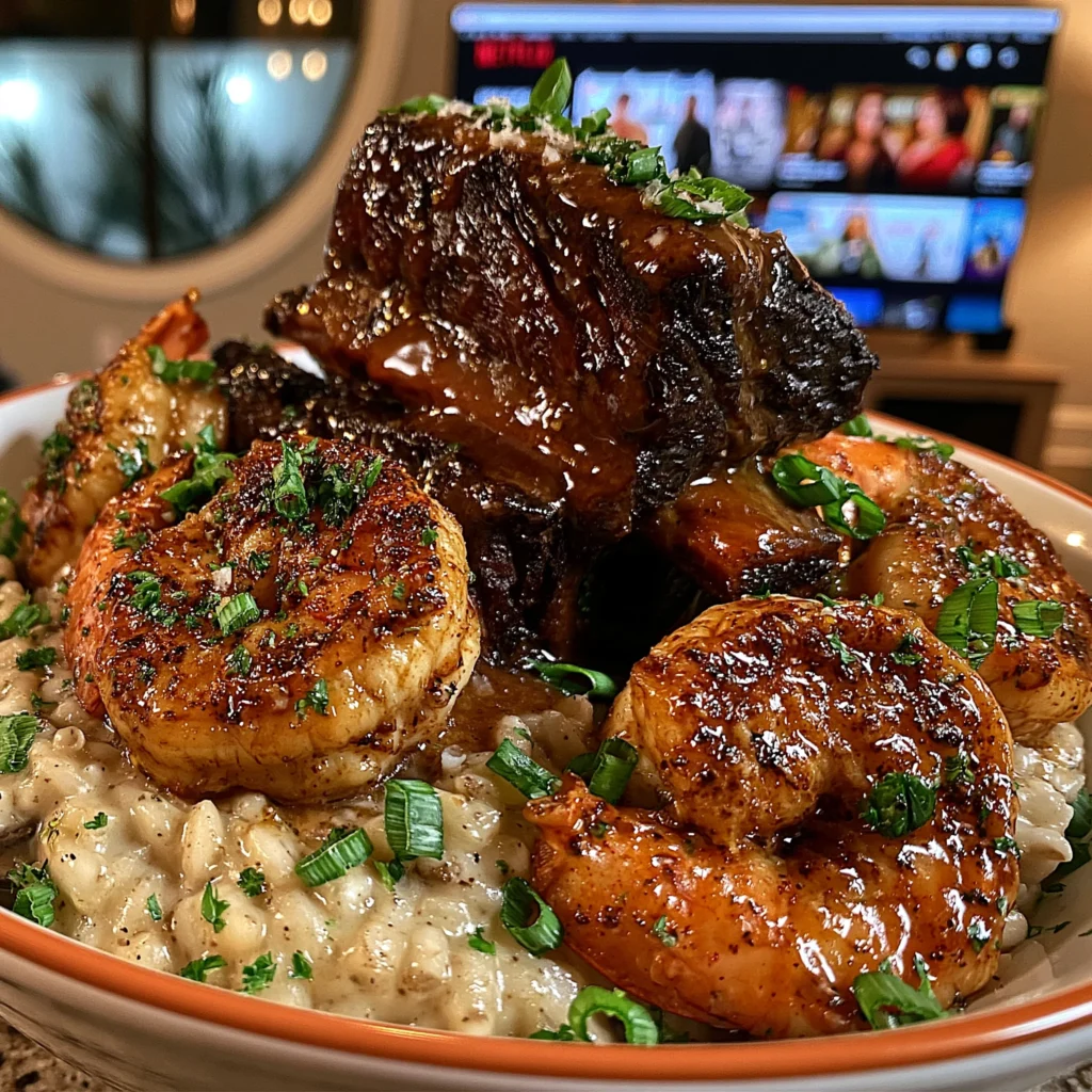 Slow-Braised Beef Short Ribs and Garlic Butter Shrimp over Creamy Mushroom Risotto