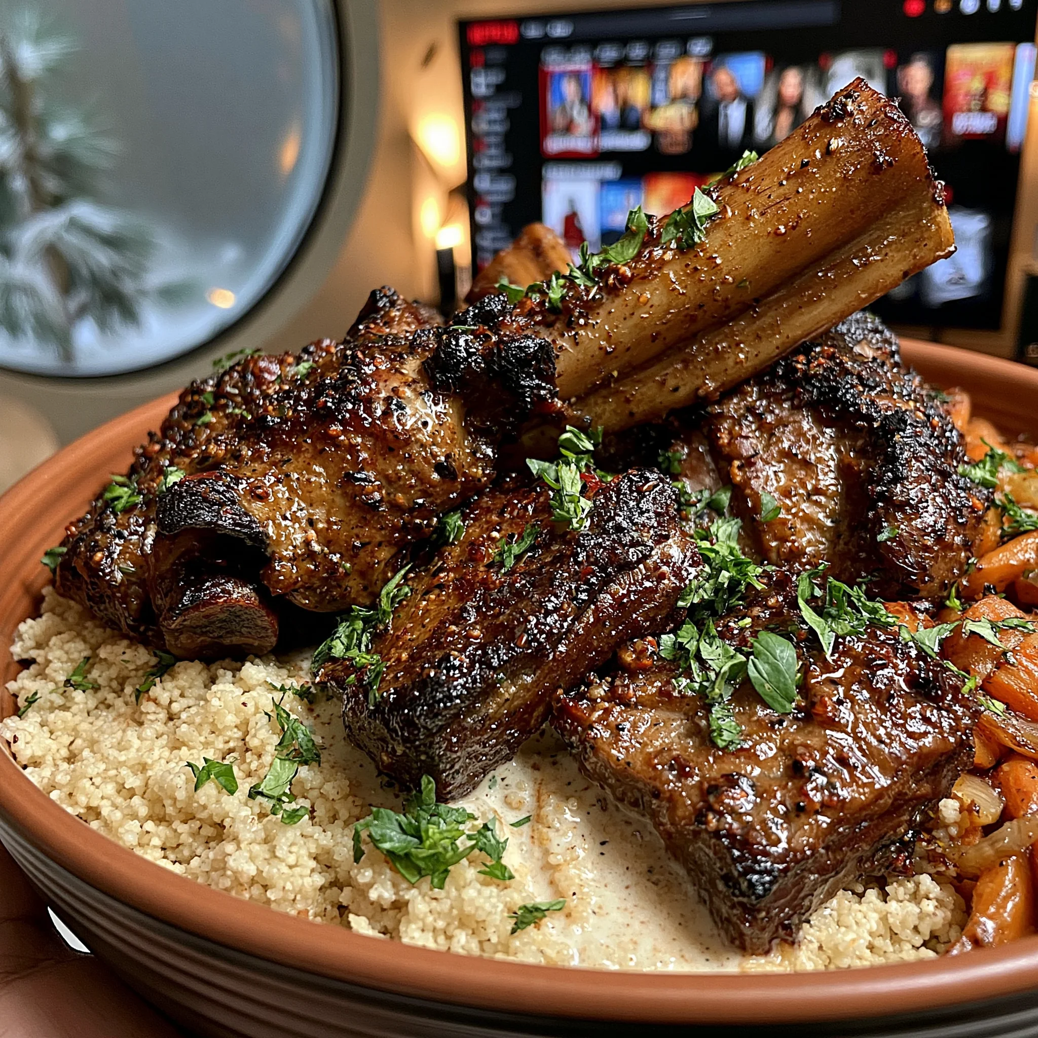 Slow-Roasted Lamb Shanks with Savory Vegetable Couscous and Mint Yogurt Sauce