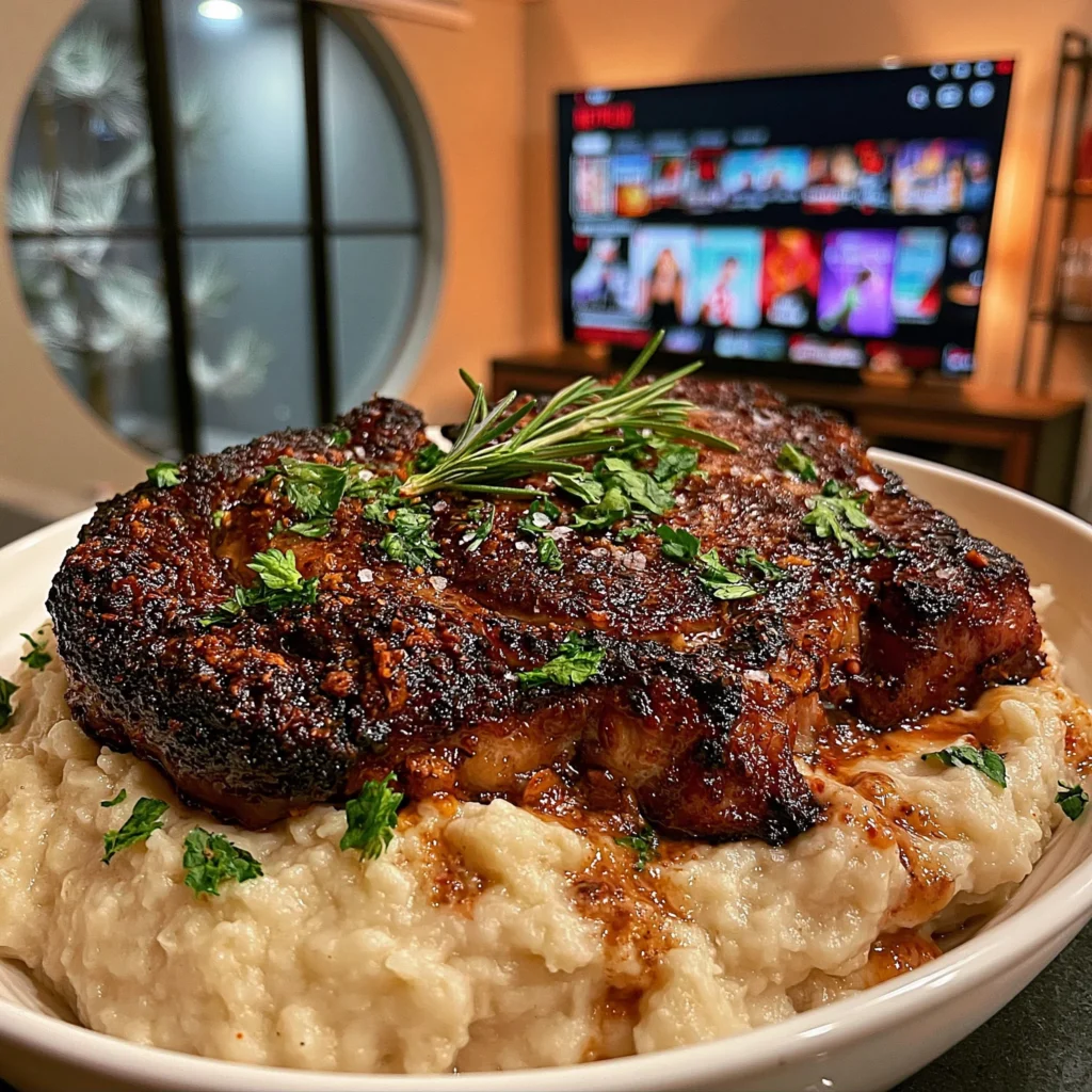 Smoked Sea Salt and Roasted Garlic-Crusted Ribeye with a Rosemary-Infused Ghee Butter