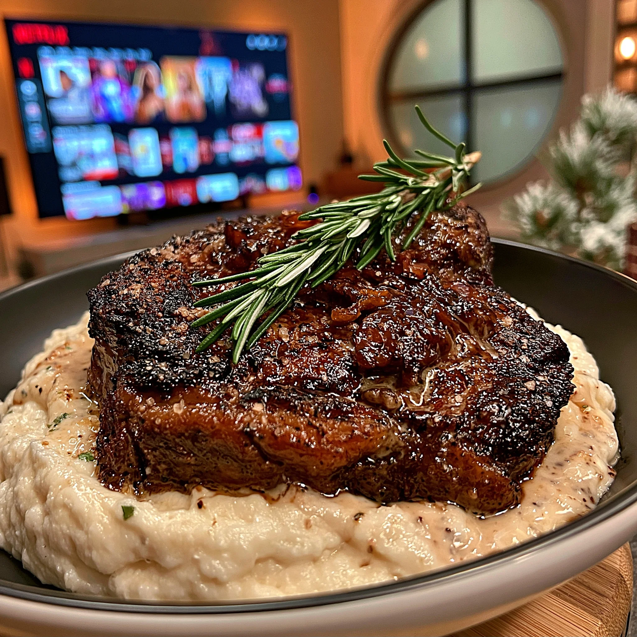 Smoked Sea Salt and Rosemary-Crusted Ribeye with a Black Garlic and Shallot Confit Butter