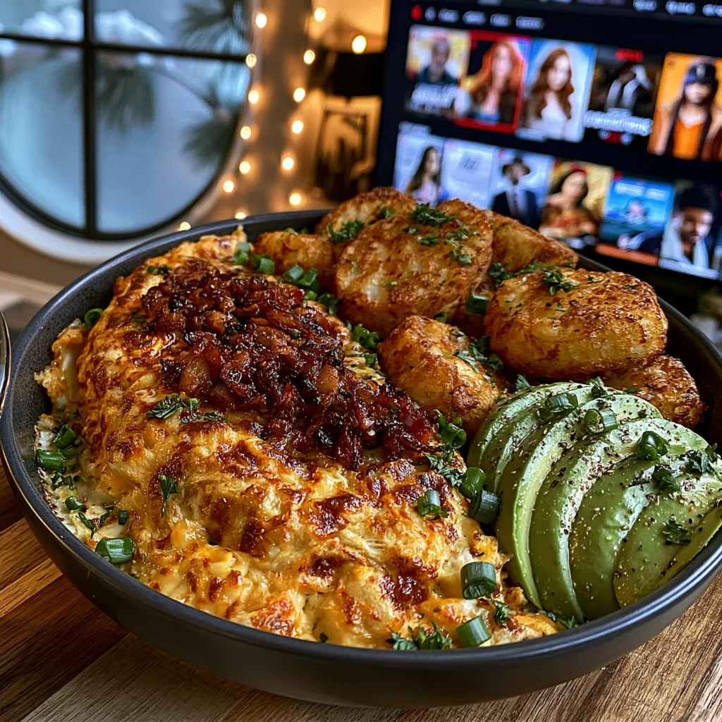 Smoked Turkey Bacon and Cheddar Omelet with Crispy Hash Browns and Sliced Avocado