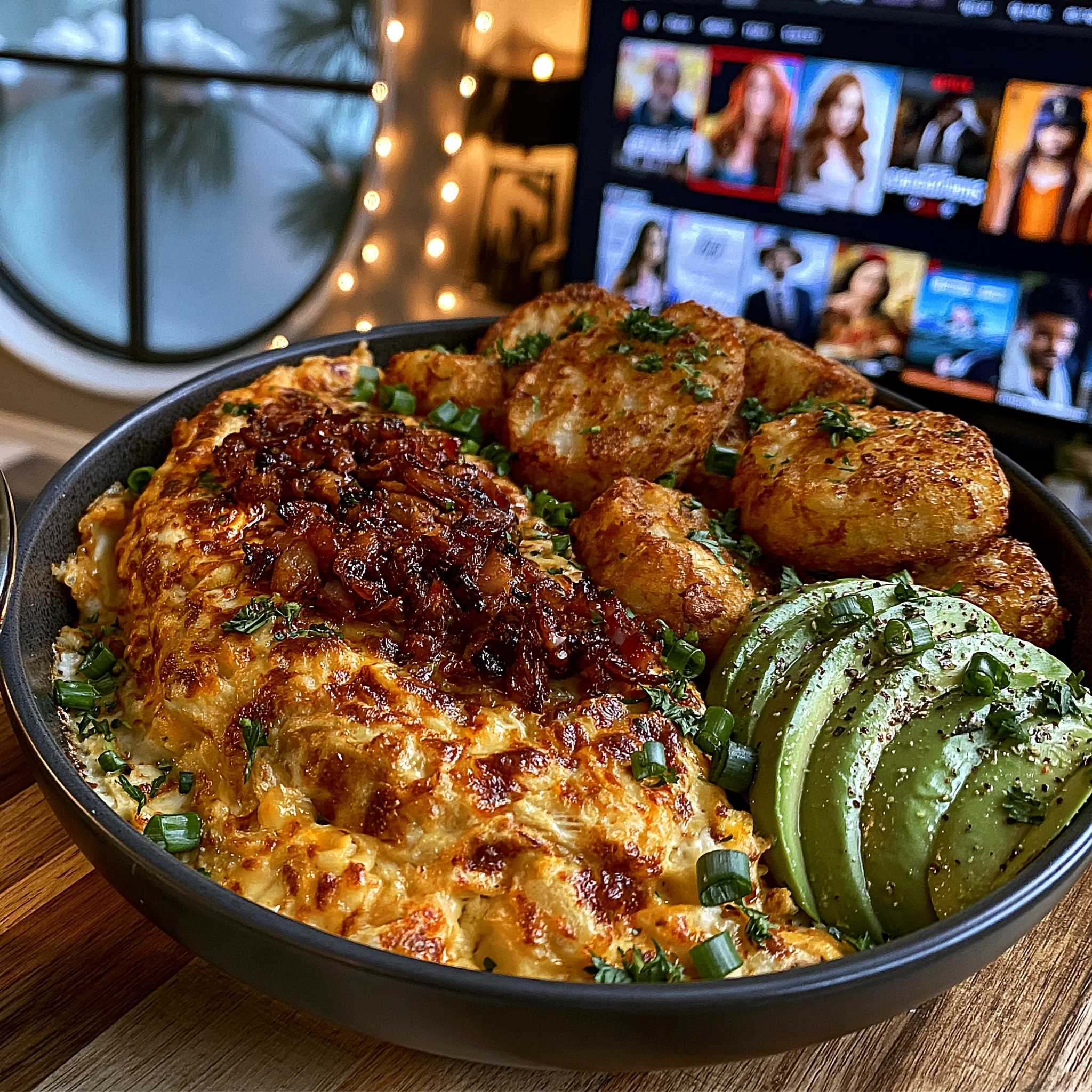 Smoked Turkey Bacon and Cheddar Omelet with Crispy Hash Browns and Sliced Avocado